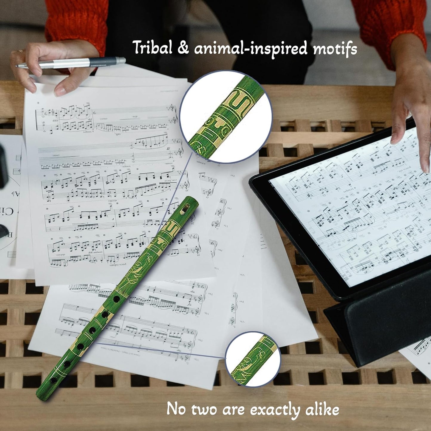 Mia Jewel Shop - Handmade Colored Bamboo Wooden Flute | Tribal Nature Pattern | Native Recorder for Beginners, Meditation & Music Lovers (Lime)