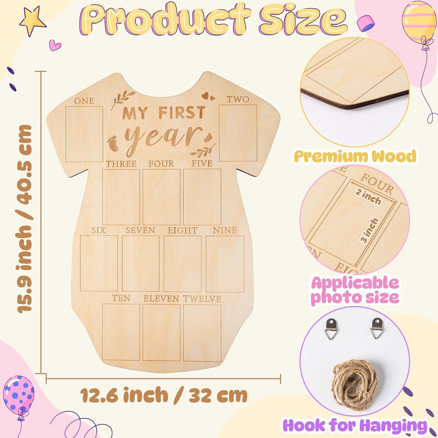 R HORSE My First Year Photo Display Wood Board, Baby’s First Year Picture Frame 12 Months Milestone Sign Bodysuit Shape 1st Birthday Photo Frame Baby Keepsake Board Nursery Decor Gift for Boy Girl