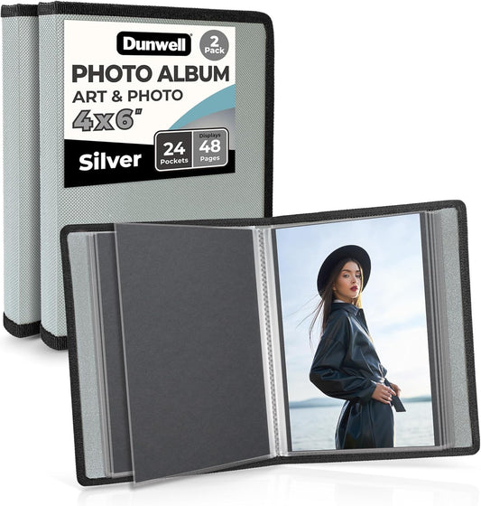 Dunwell Small Photo Album 4x6 with Black Mounting Paper (2-Pack, Silver), 4 x 6 Photo & Art Portfolio Presentation Book, Each Shows 48 Pages, Professional Mini Picture Book for Artwork, Postcards