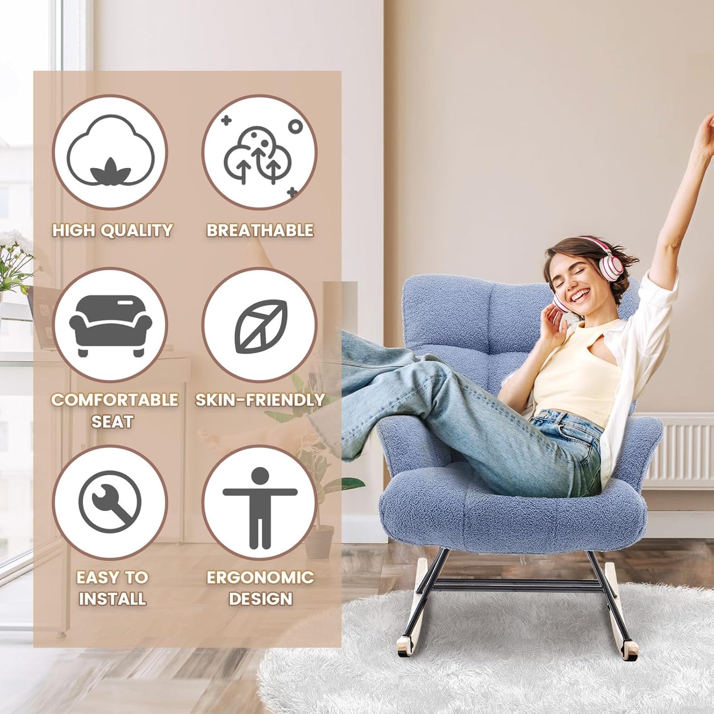 Rocking Chair Nursery Teddy Upholstered Glider Rocker Rocking Accent Chair Padded Seat with High Backrest Armchair Comfy Side Chair for Living Room Bedroom Offices (Steelblue Teddy)