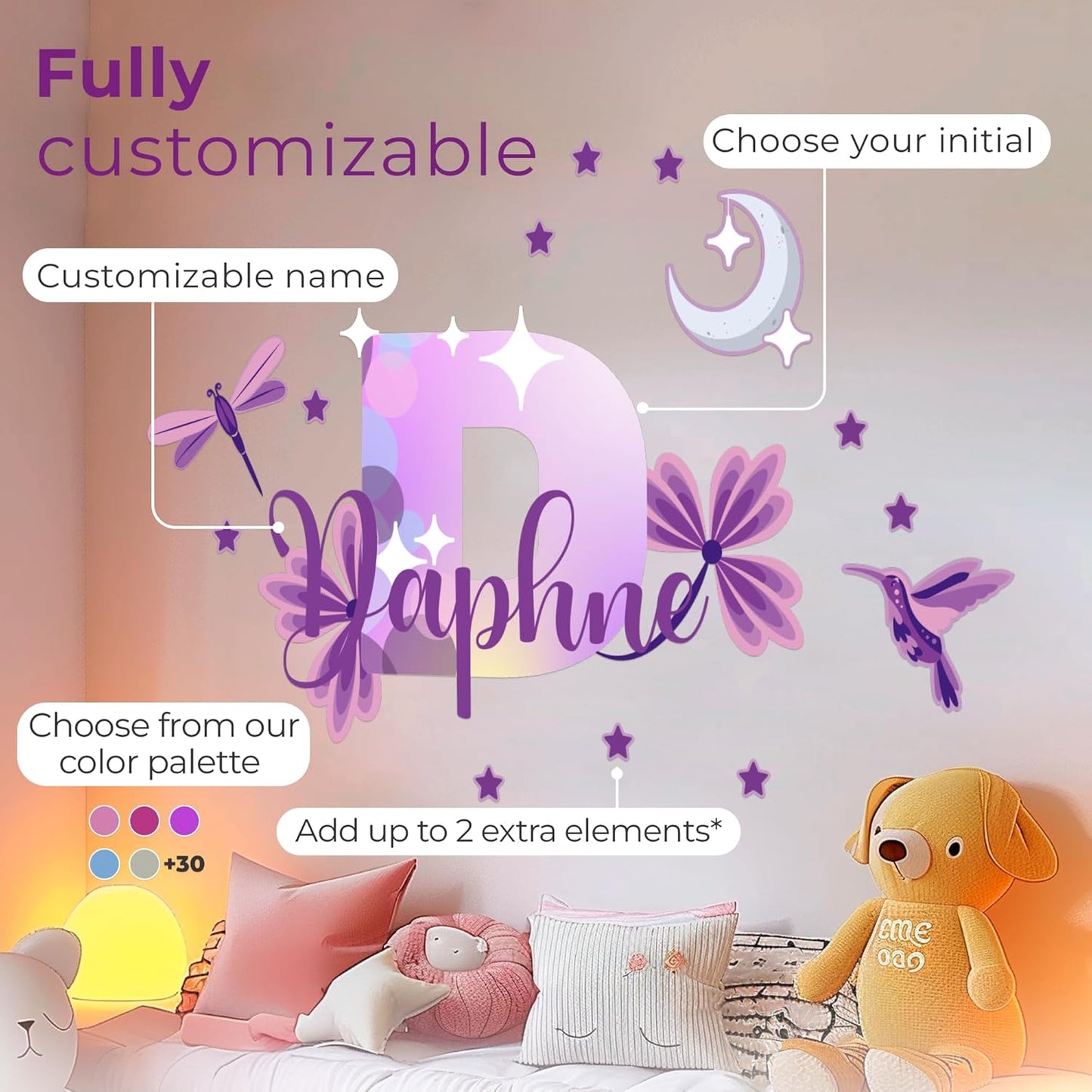 CRYPTONITE Custom Stickers Name Wall Decor with Purple Flower | Custom Name & Initial for Purple Wall Decor | Flower Wall Decals for Bedroom Decor I Custom Decal for Baby Girl Nursery Decor(E. Floral)