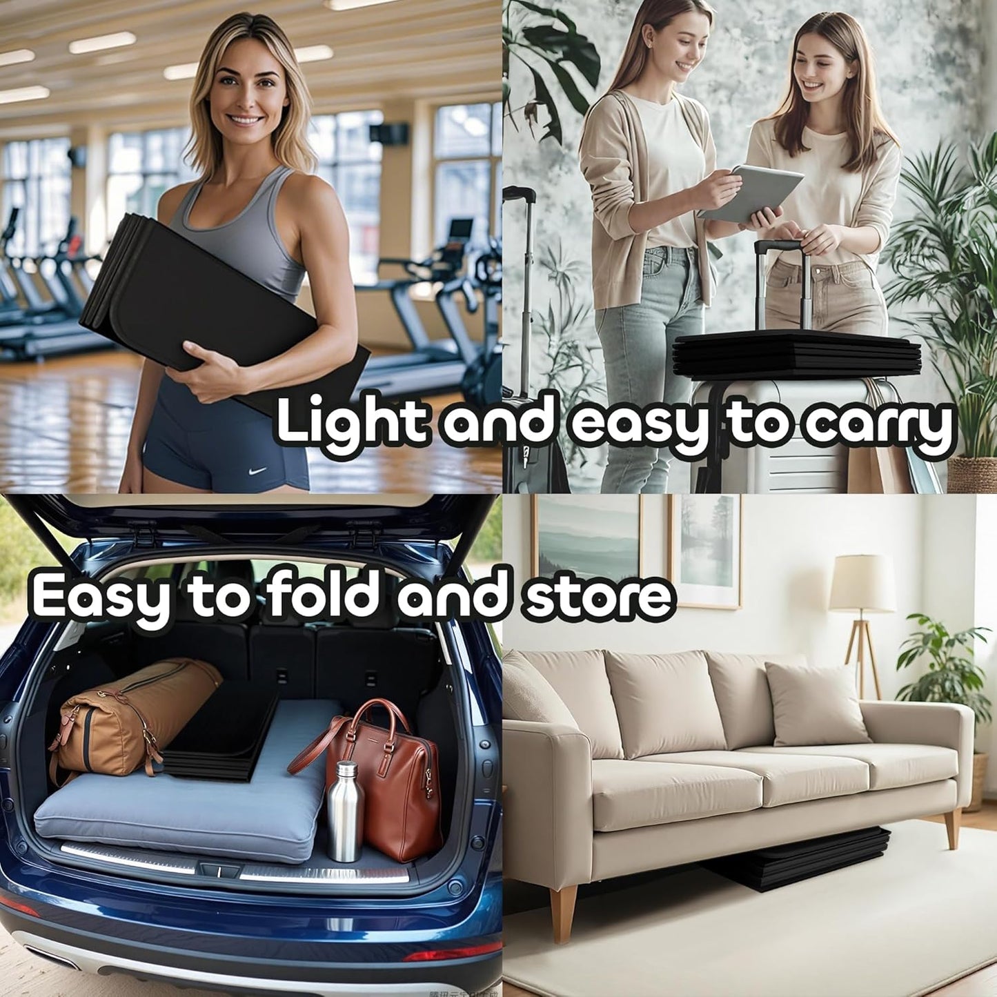 Foldable Yoga Mat 12mm Extra Thick Joint Protection,Portable Design for Travel/Pilates/Board/Camping,Environmental Sports Mat Non-Slip Gym Mat,Odorless POE Material