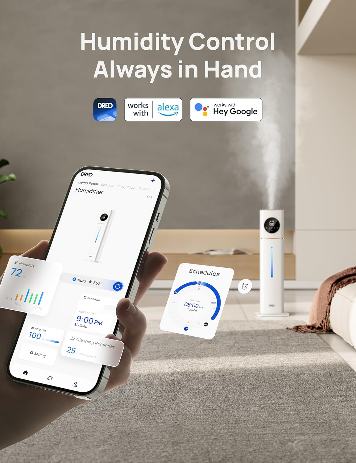 Dreo 11L Smart Humidifier Large Room 700 ft², 100H Cool Mist Air Humidifiers for Bedroom Baby Plants, Top-Fill Self-Cleaning Tank, 26dB, Auto Mode, RGB Light, Remote & APP Control, HM735S White