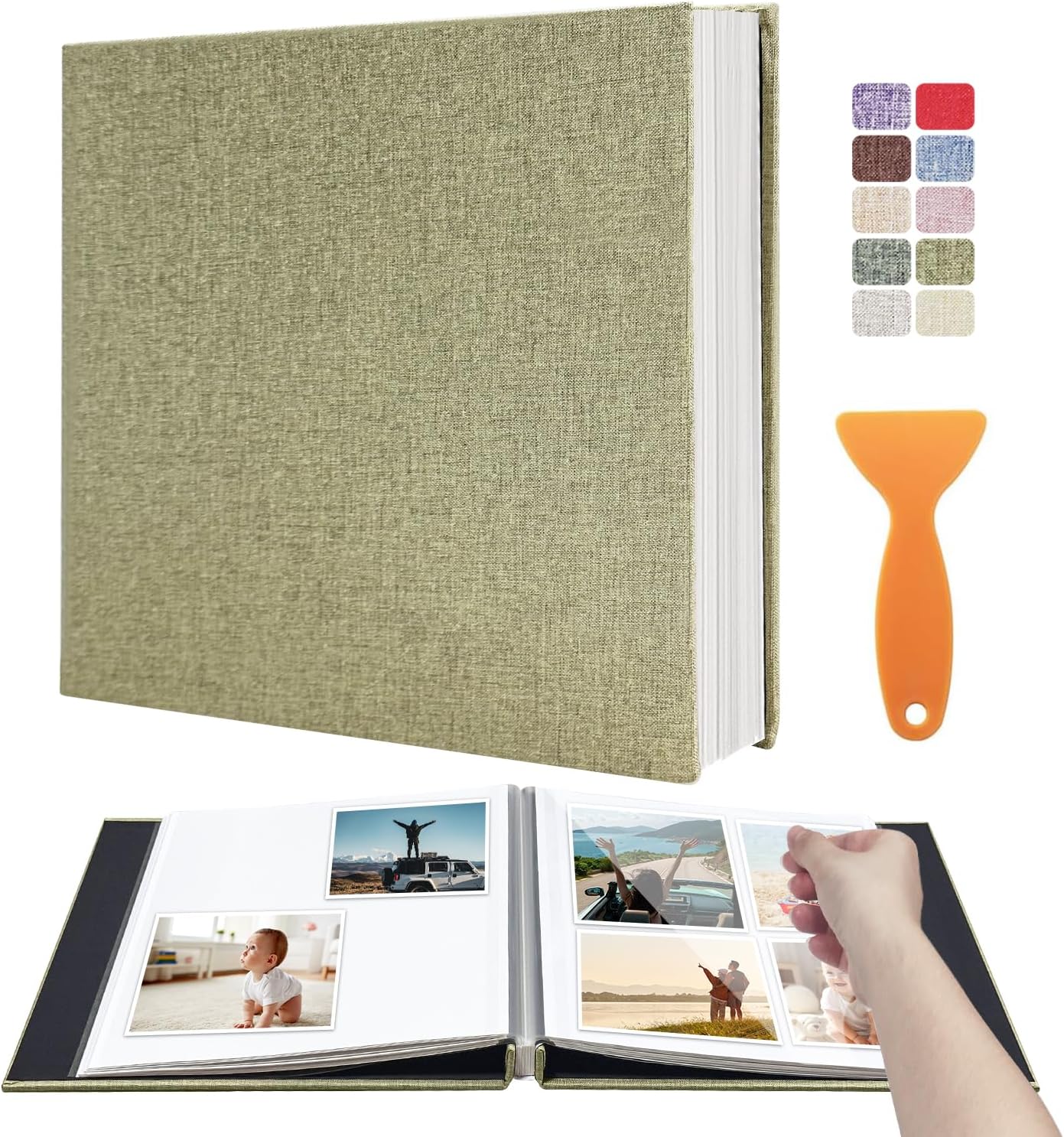 Large Photo Album Self Adhesive Scrapbook Album for 4×6 5×7 8×10 Pictures DIY Magnetic Linen Cover Album 40 Pages for Family Wedding Gifts with Metal Pen and Plastic Board