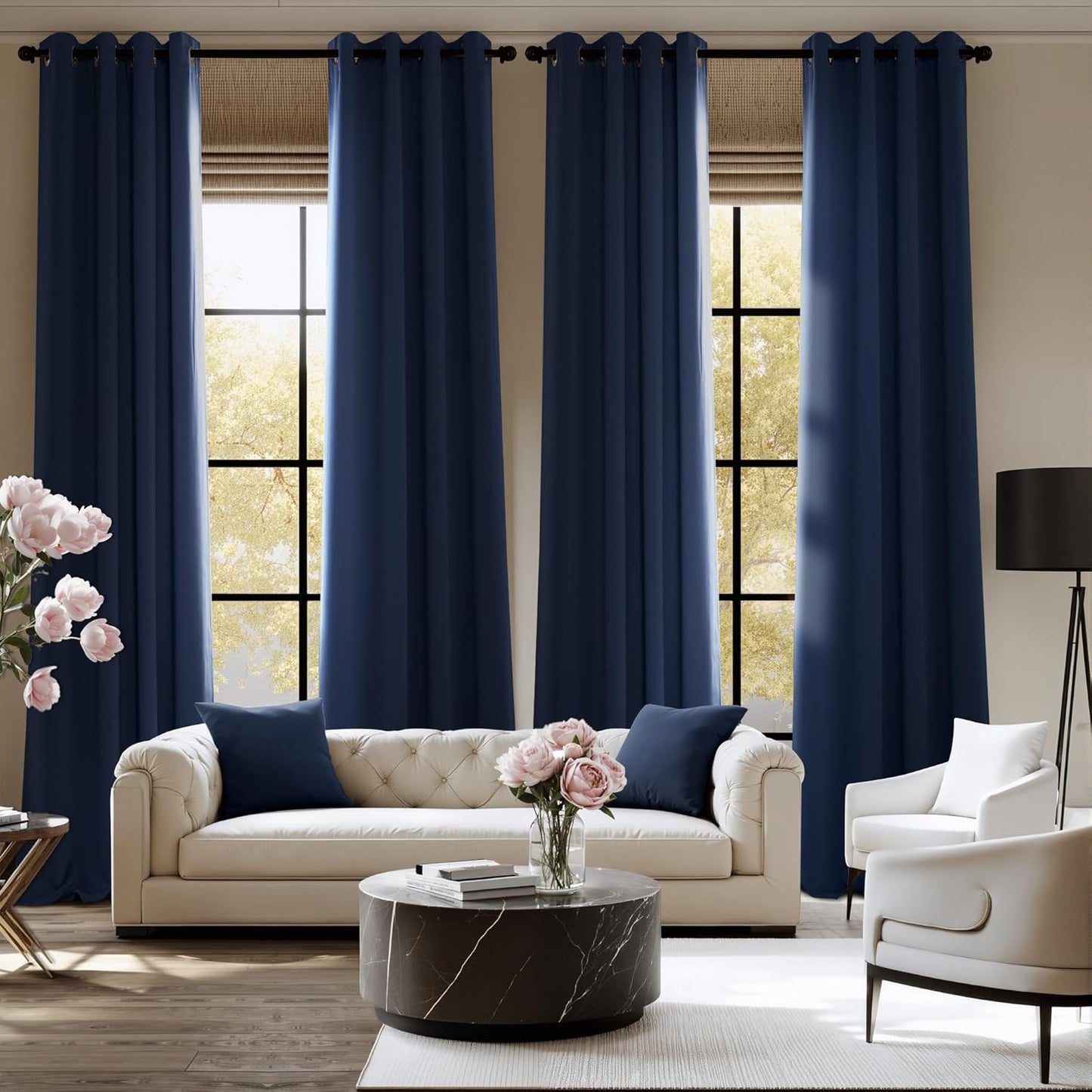 NICETOWN Navy Blue Blackout Curtains 108 inch Long, Thermal Insulated Grommet Privacy Energy Saving Shades for Bedroom, Living Room, Bathroom, Laundry, Patio, Closet, 2 Panels, W52 x L108