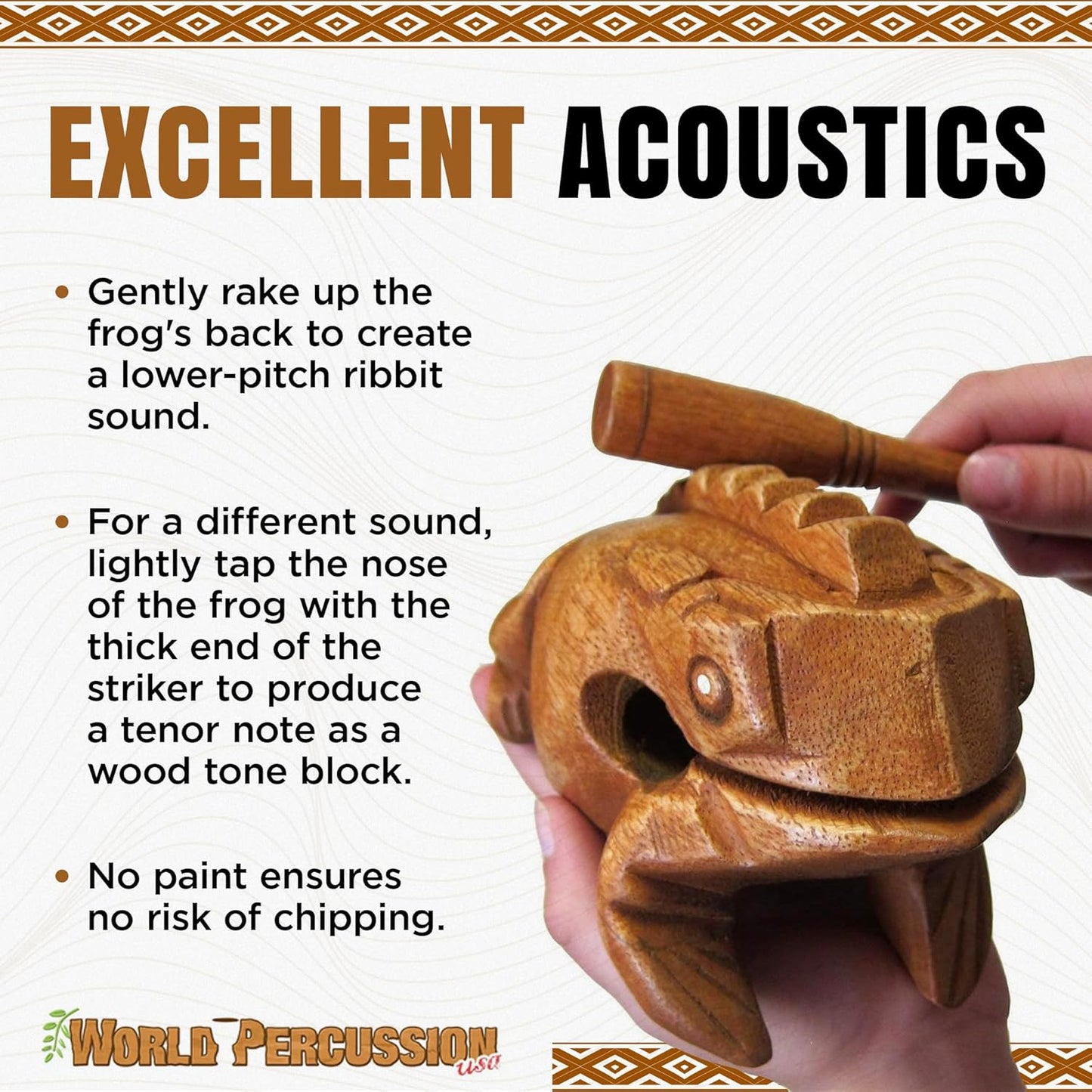 Deluxe Large 6" Wood Frog Guiro Rasp - Musical Instrument Tone Block - Wooden Frog with Stick, Noise Maker by World Percussion USA