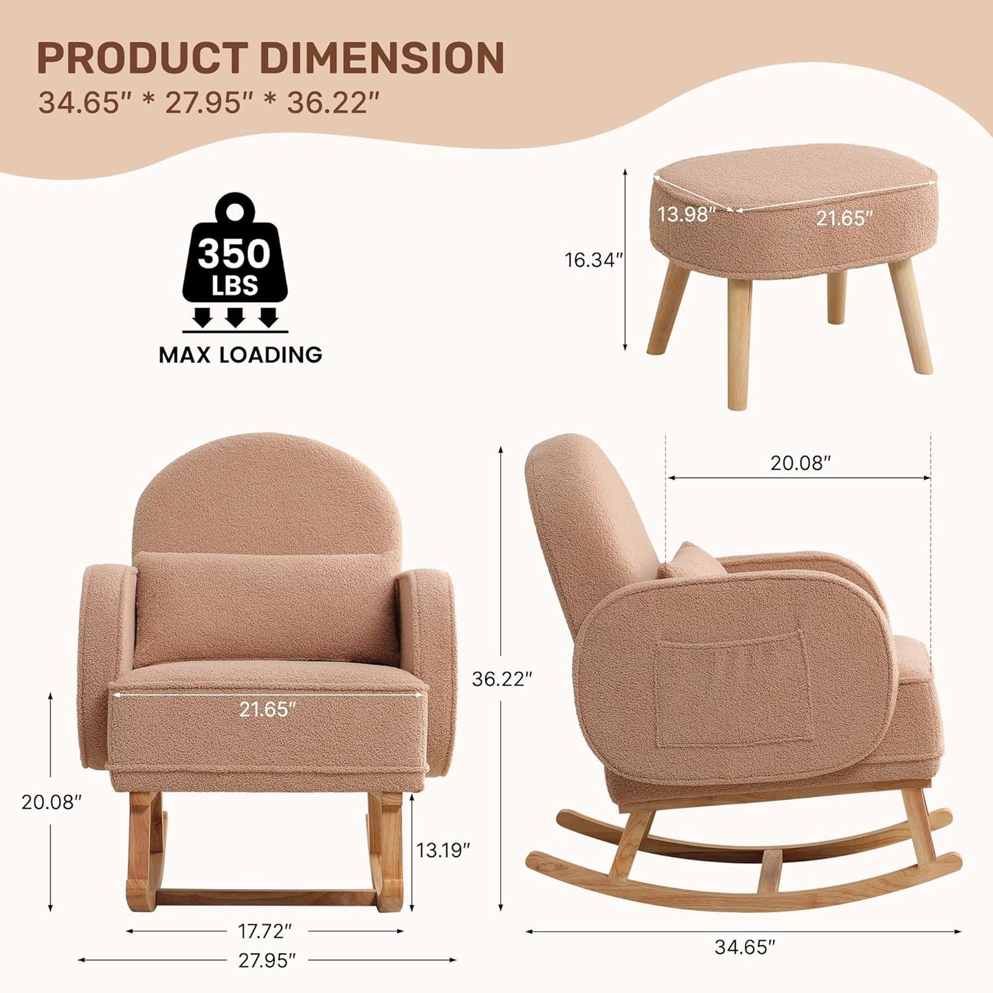 Rocking Chair Nursery with Ottoman, Upholstered Glider Rocker with High Backrest and Side Pocket, Rocking Accent Armchair with Solid Wood Legs for Nursery, Living Room, Bedroom Coffee