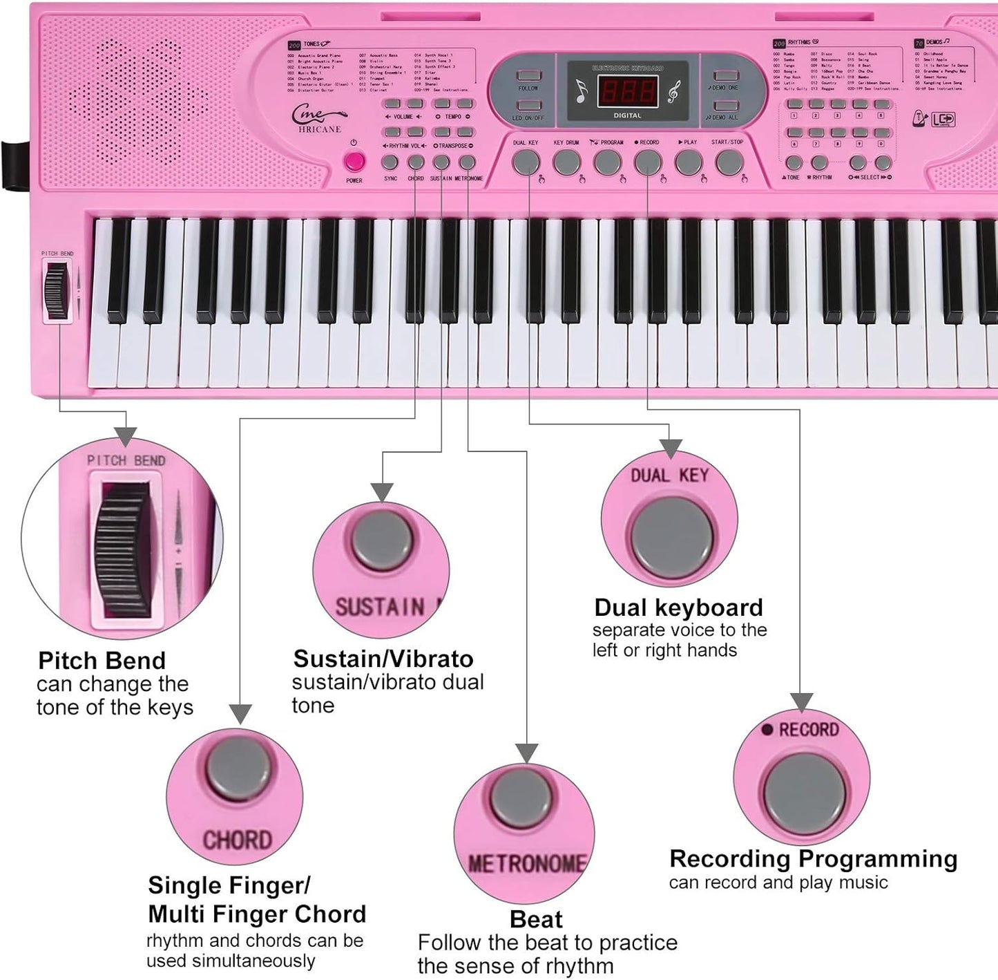 Hricane Keyboard Piano Lighted Keys for Beginner Adults Teens Kids, 61 Key Electronic Music Keyboard with Teaching Modes Powered by USB or Battery with LCD Display Microphone Headphone Jack