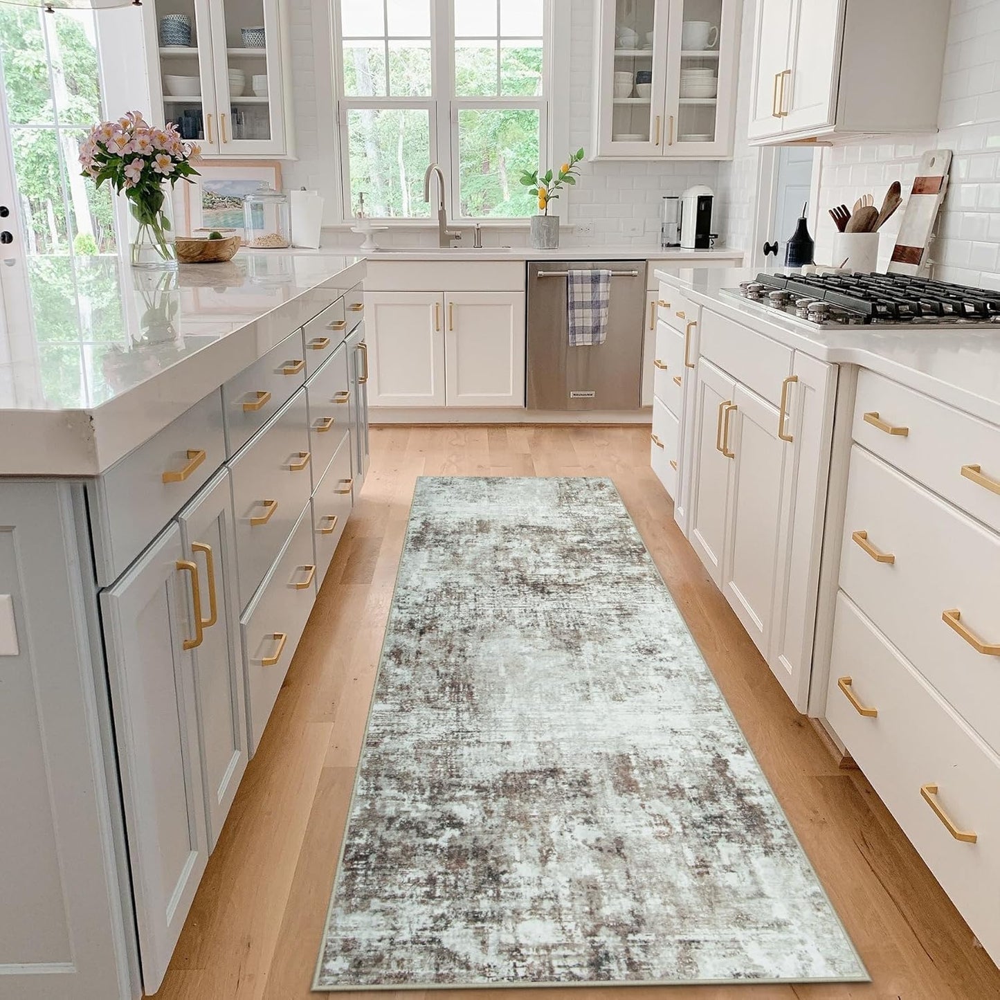 Runner Rug for Hallways Kitchen 2'6"x8' Washable, Non Slip Carpet 8ft Area Rugs Entryway Rubber Backed 8 Feet Neutral Abstract Modern Low Pile Indoor Brown Grey