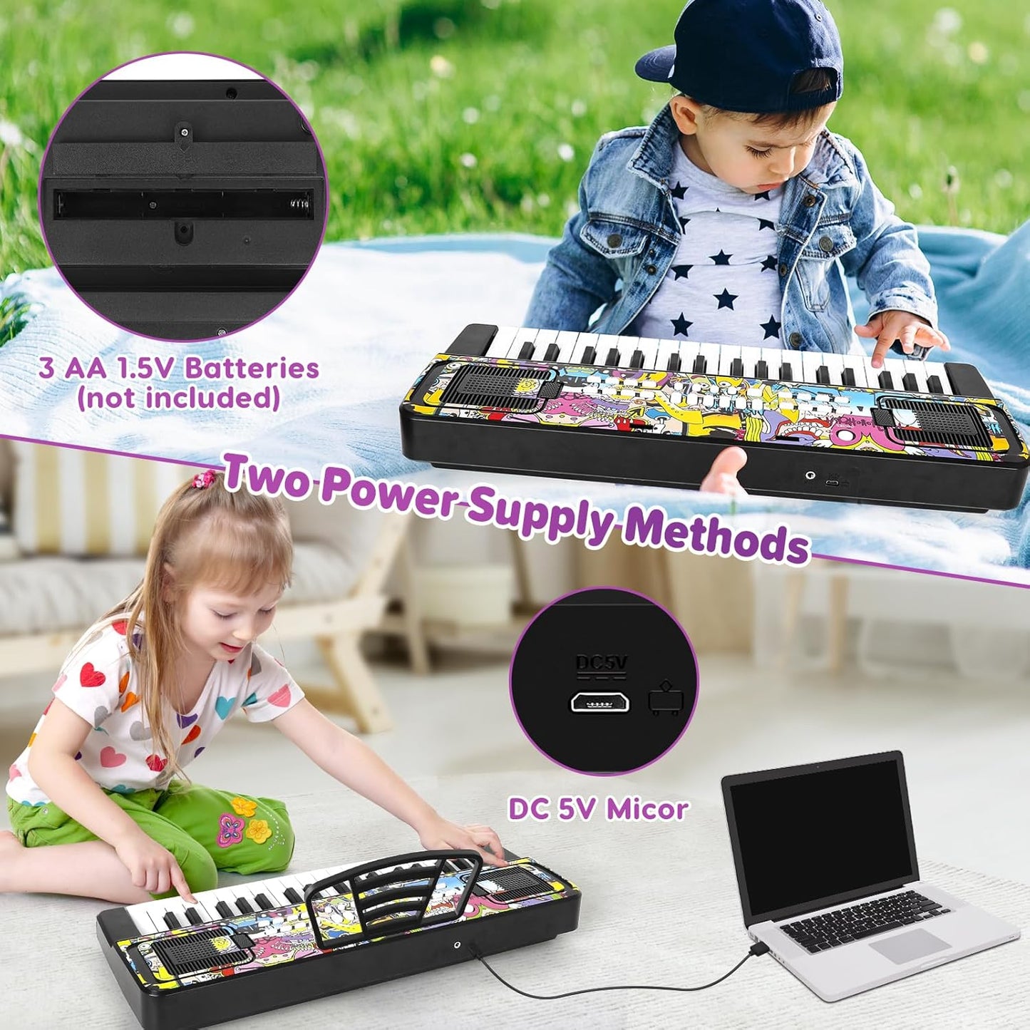 Kids Keyboard Piano, 37 Keys Keyboard Electric Digital Piano, Early Learning Educational Musical Toys Piano for Kids Toddlers Beginners with Music Stand, Microphone - Christmas Birthday Gifts, Black