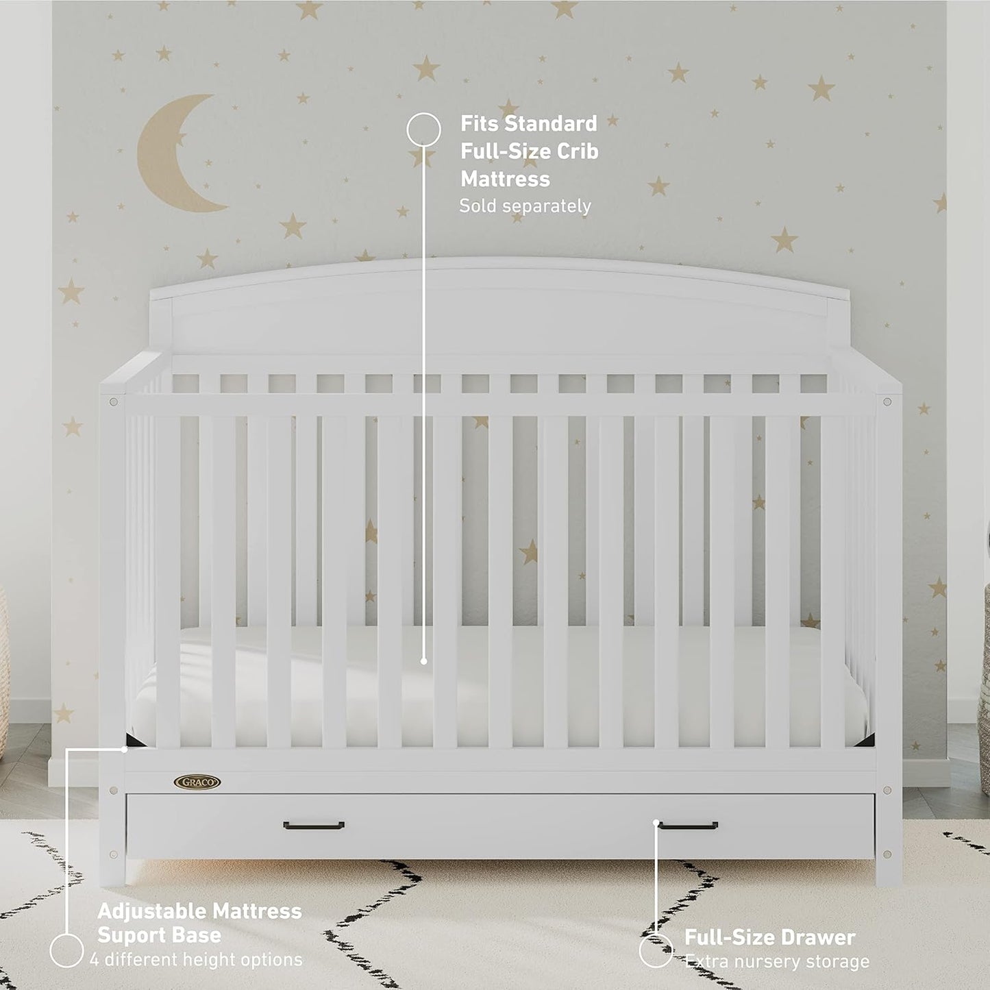 Graco Benton 5-in-1 Convertible Crib with Drawer (White) - Converts from Baby Crib to Toddler Bed, Daybed and Full-Size Bed, Fits Standard Full-Size Crib Mattress, Adjustable Mattress Support Base