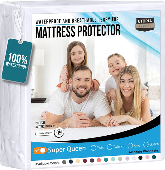 Utopia Bedding Waterproof Mattress Protector Super Queen Size, Premium Terry Mattress Cover 200 GSM, Breathable, Fitted Style with Stretchable Pockets (White)