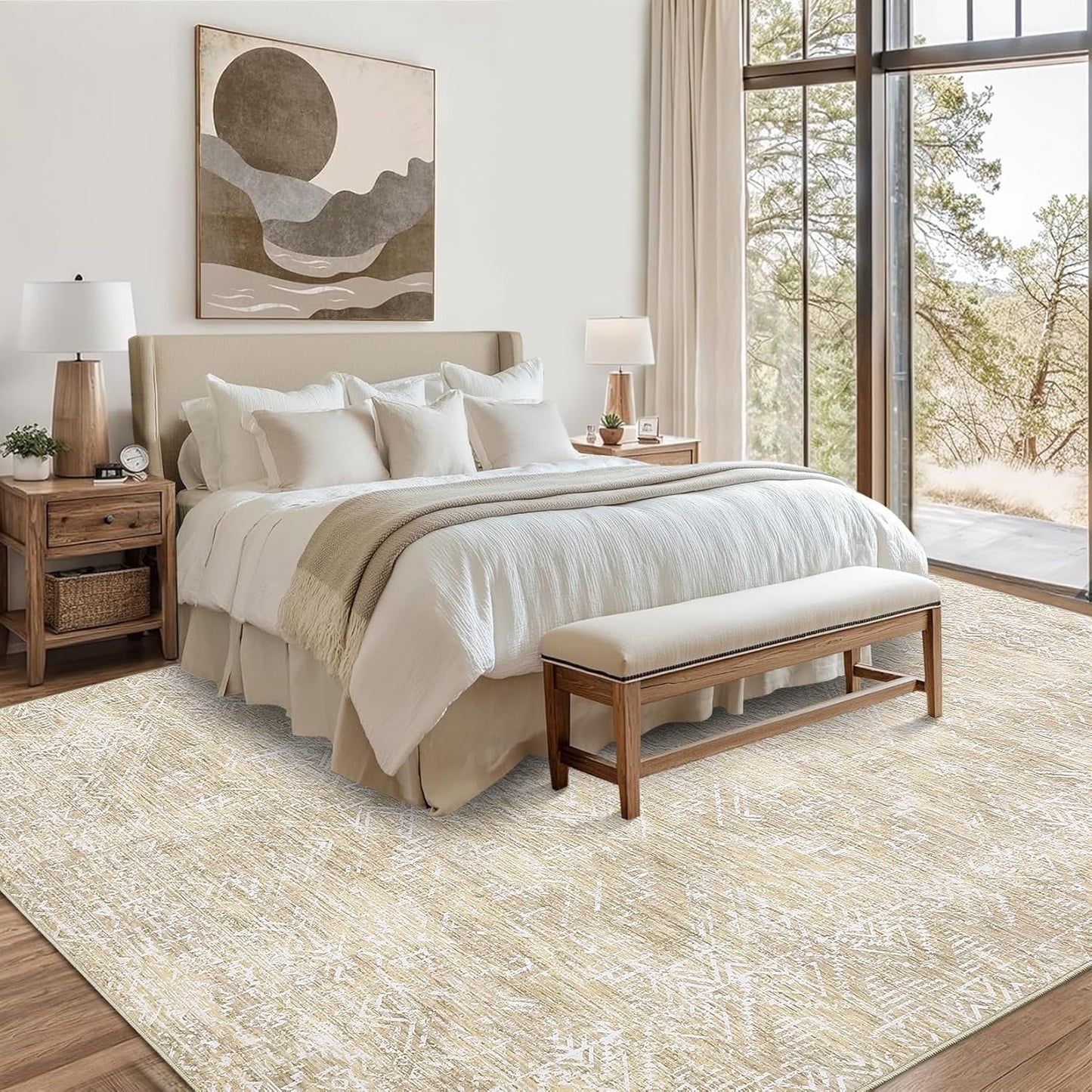 COZYLOOM 4x6 Rug Machine Washable Foldable Printed Area Rug Modern Distressed with Non Slip Design Stain Resistant Non Shedding Pet Friendly Carpet Perfect for Home Decor, Faux Wool, Beige