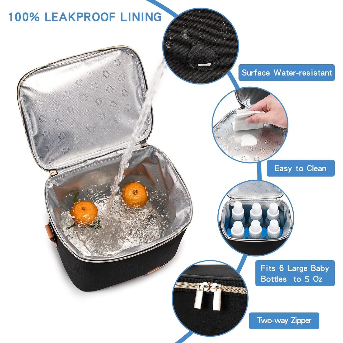 Breastmilk Cooler Bag with Ice Pack Fits 6 Baby Bottles Up to 5 Ounce, Baby Bottle Bag with Shoulder Strap for Nursing Mom Daycare-Black