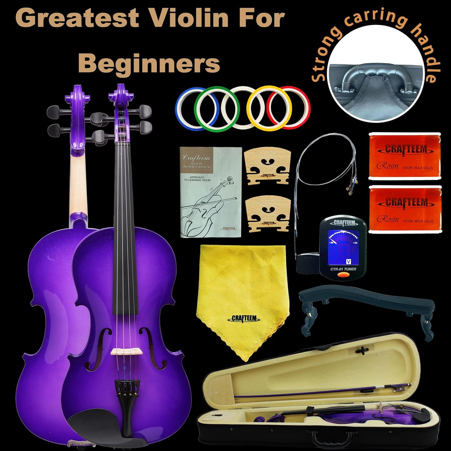 4/4 Full Size Fiddle Purple Colored Premium Violin Outfit for Beginners Adults Kids With 5 Color Fingering Tape- Handcrafted Student Beginner Violin. (Purple, 4/4 Full)