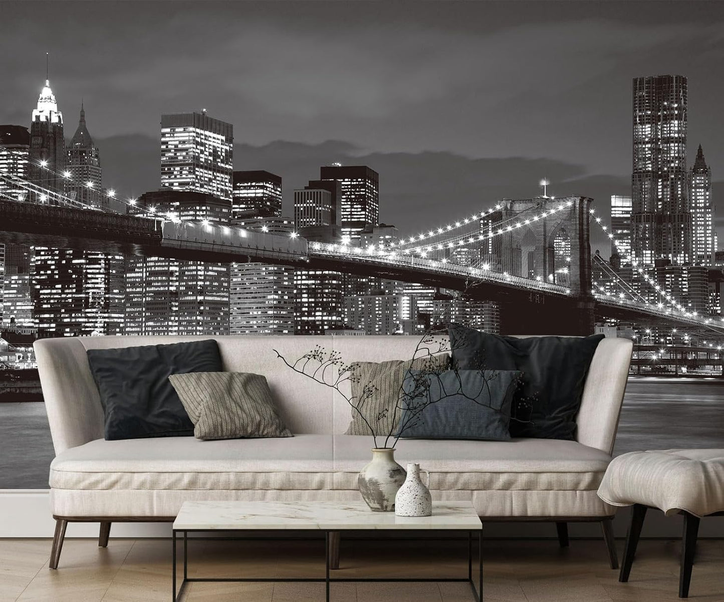 Grey City Wallpaper Brooklyn Bridge Nightscape Wall Mural for Living Room Bedroom Dining Room Office(Not Self-Adhesive)