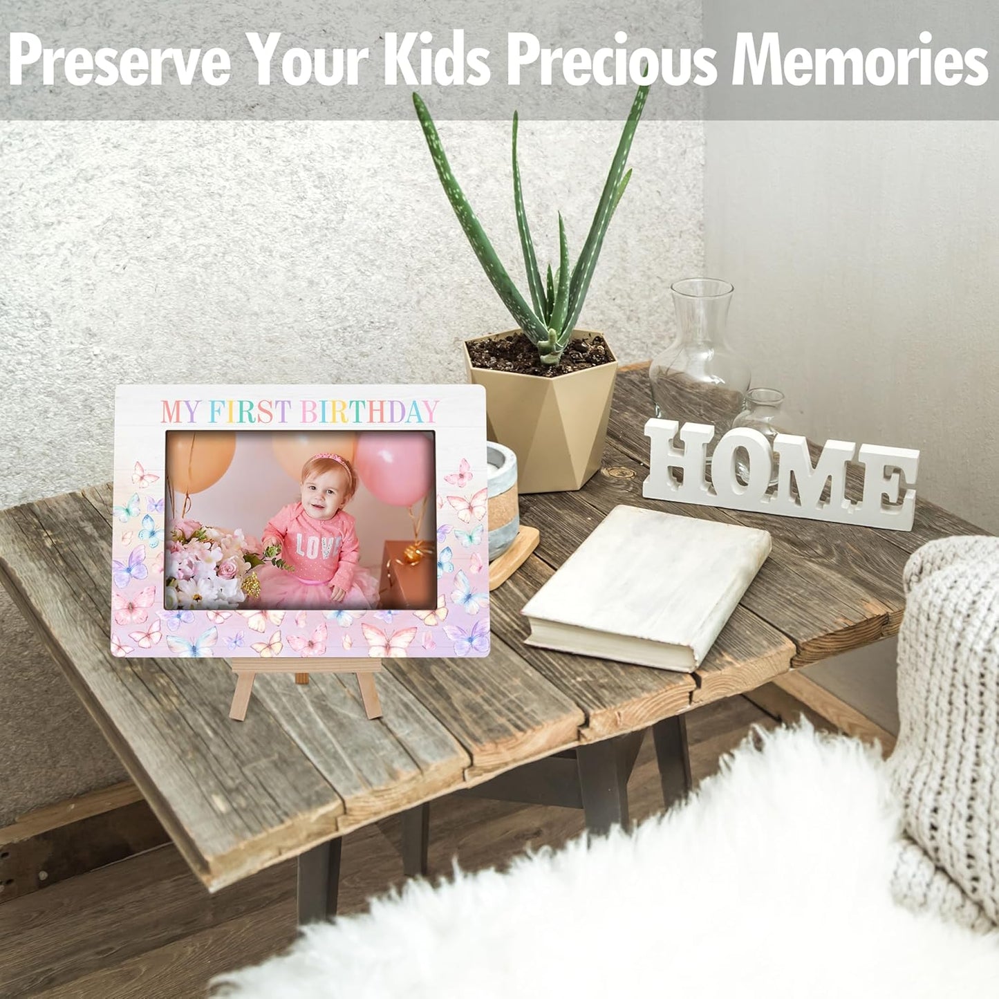 My 1st Birthday Picture Frames, Rainbow Butterfly Wooden 4x6 Photo Frame with Easel, Baby First Year Birthday Gifts for Home Office Tabletop Display Decorations - G06
