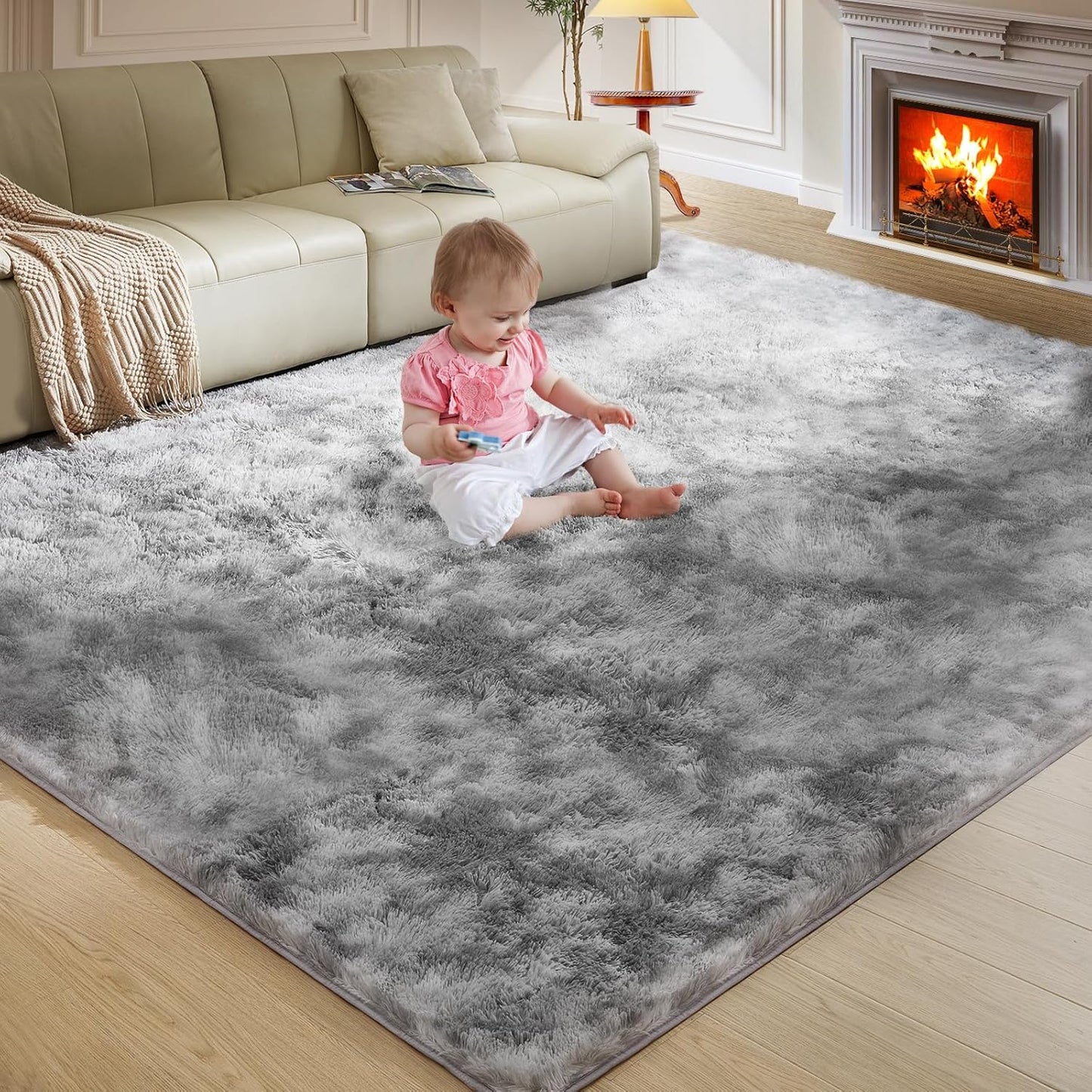 5X8 Ultra Soft Rug for Living Room, 5X8 Fluffy Shag Area Rug for Bedroom, Modern Shaggy Carpets Fuzzy Rug for Teens Dorm Nursery Home Decor Aesthetic, Upgrade Anti-Skid Durable, Tie-Dyed Light Grey