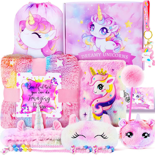 13PCS Unicorns Gifts for Girls Kids Toys 3 4 5 6 7 8 9 10 Years Old with Stationery Plush Diary with Lock/Glowing Blanket/Eye Mask/Crossbody Bag Teen Girl Birthday Christmas Unicorn Toy