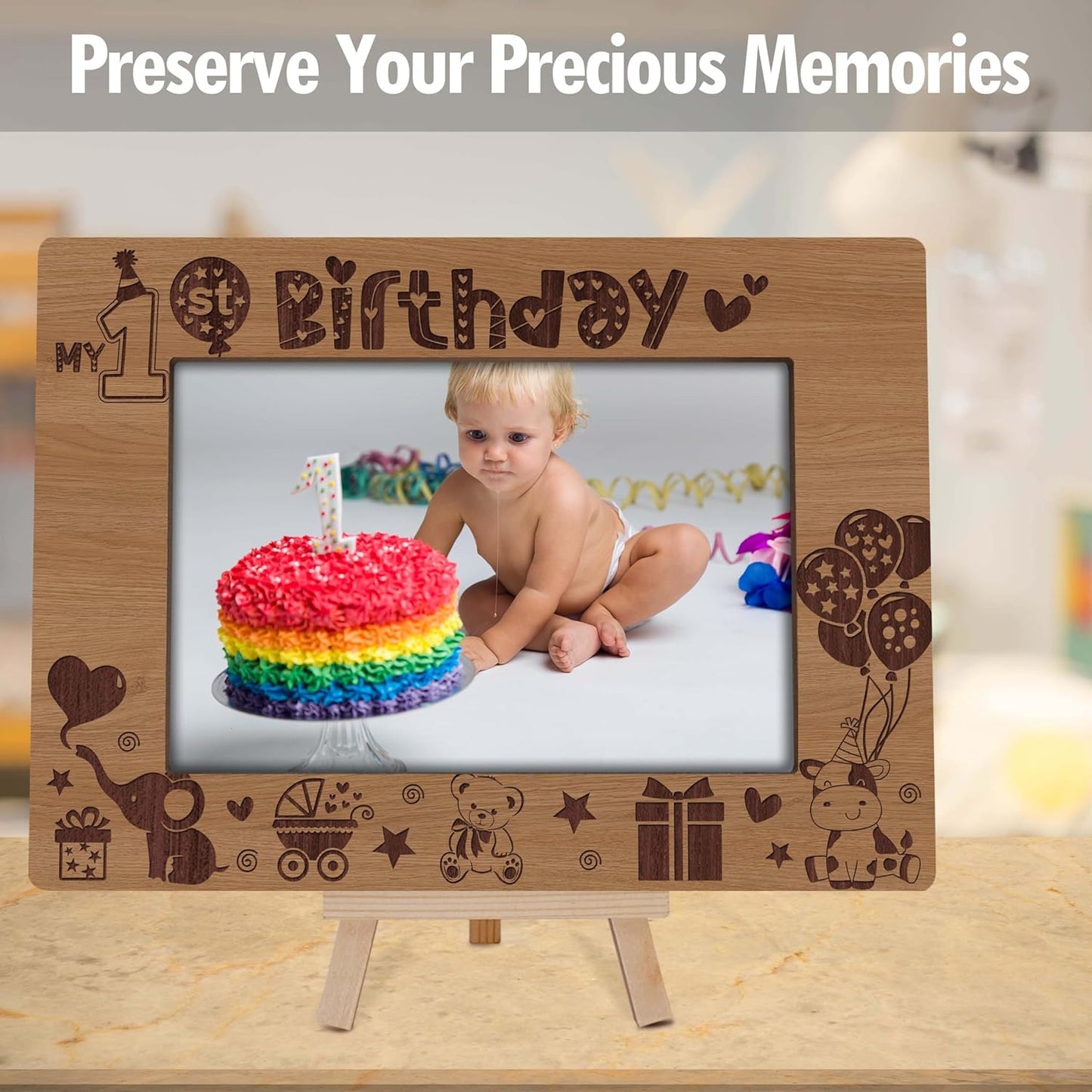 My 1st Birthday Picture Frames, Natural Wooden 4x6 Photo Frame with Easel, Baby First Year Birthday Gifts for Home Office Tabletop Display - G10
