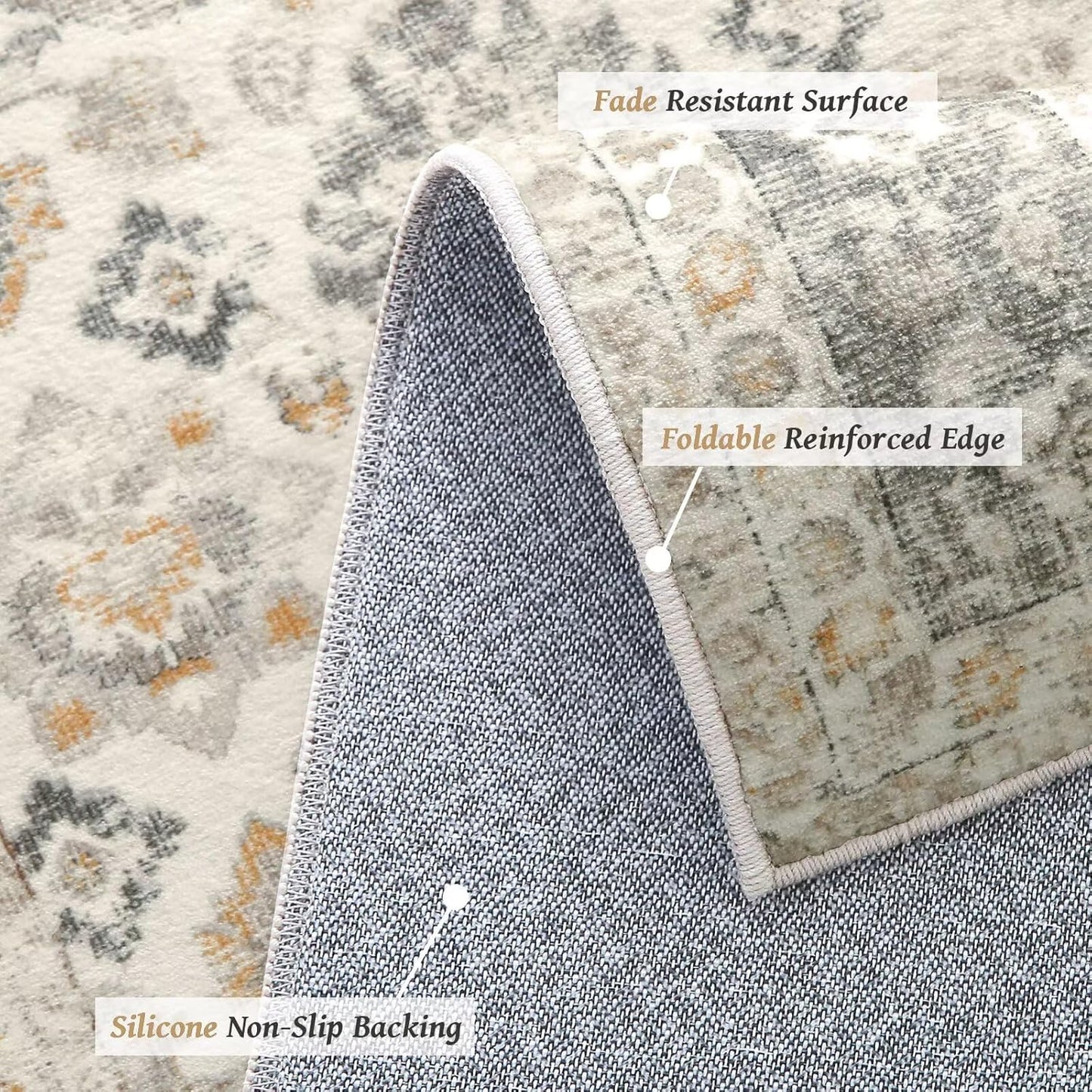 Washable 8x10 Area Rugs for Living Room, Boho Non-Slip Silicone Backing Rugs for Bedroom Dining Room Nursery Office, 0.3" Neutral Oriental Throw Carpet with 0.16" Cushioning Pad, Grey/Multi
