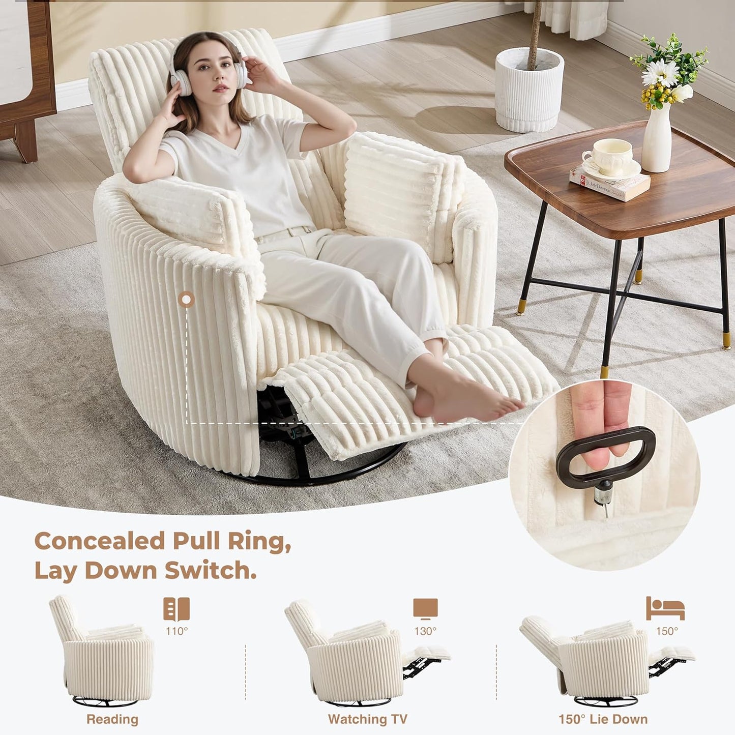 Recliner 360°Swivel Glider Rocking Chair, Upholstered Nursery Adult Rocking Chair with 2 Pillows for Living Room Bedroom (Beige Corduroy, Manual Operation)