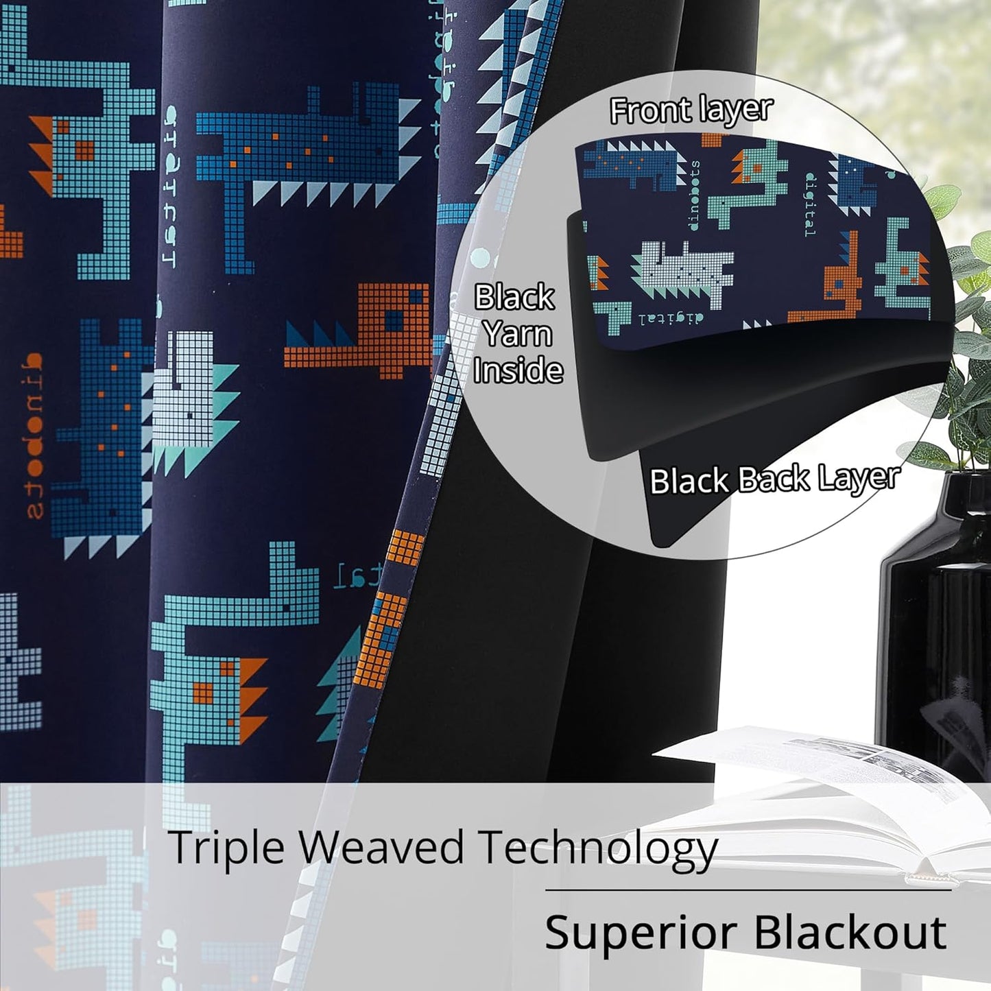 Kids Blackout Curtains - Pixel Dinosaur Curtains, 100% Blackout, 2 Panels, Each W52×L63, Thermal Insulated, Noise Reducing for Kids Bedroom, Bring a Playful and Retro Touch to Your Child’s Room