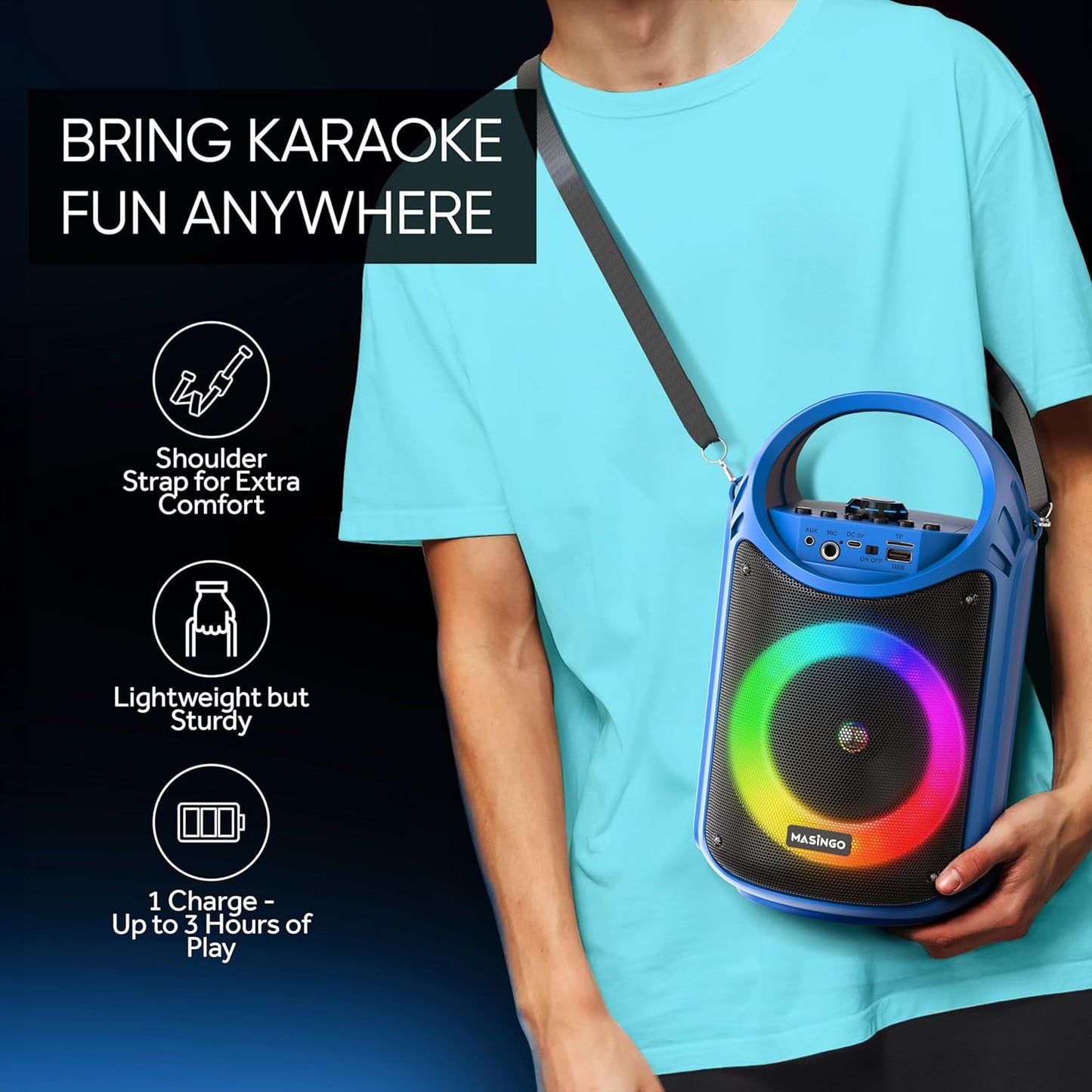 MASINGO Karaoke Machine for Kids and Adults with 2 Wireless Bluetooth Microphones, PA Portable Speaker with Colorful LED Lights, Supports TF Card/USB, AUX/MIC in, TWS for Home Party, Burletta C10 V2