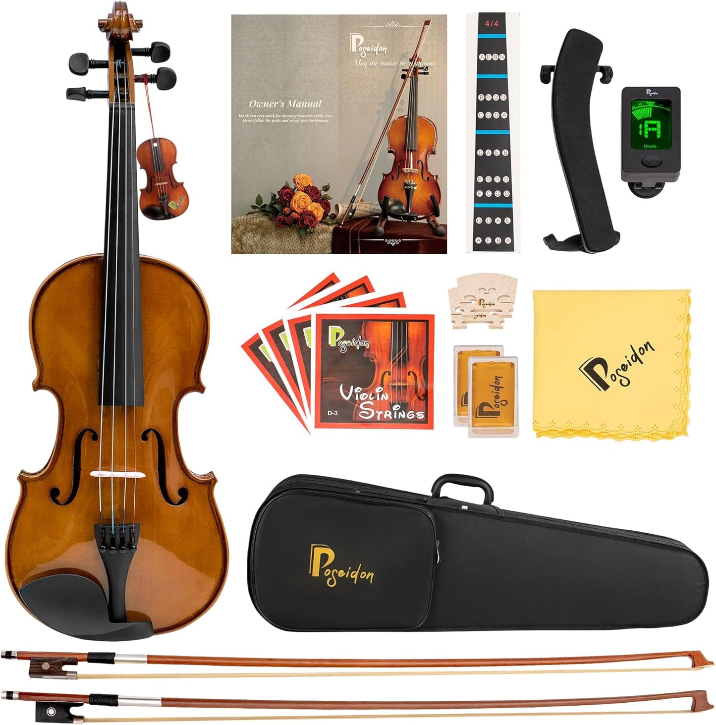 Poseidon Violin for Beginners Adult Fiddle Set, Acoustic Violin Solid Wood Violin 4/4 with Case, Two 4/4 Strings, Two Bows, Two Bridges, Two Rosins, Clip-on Tuner, Shoulder Rest Manual - Glossy German