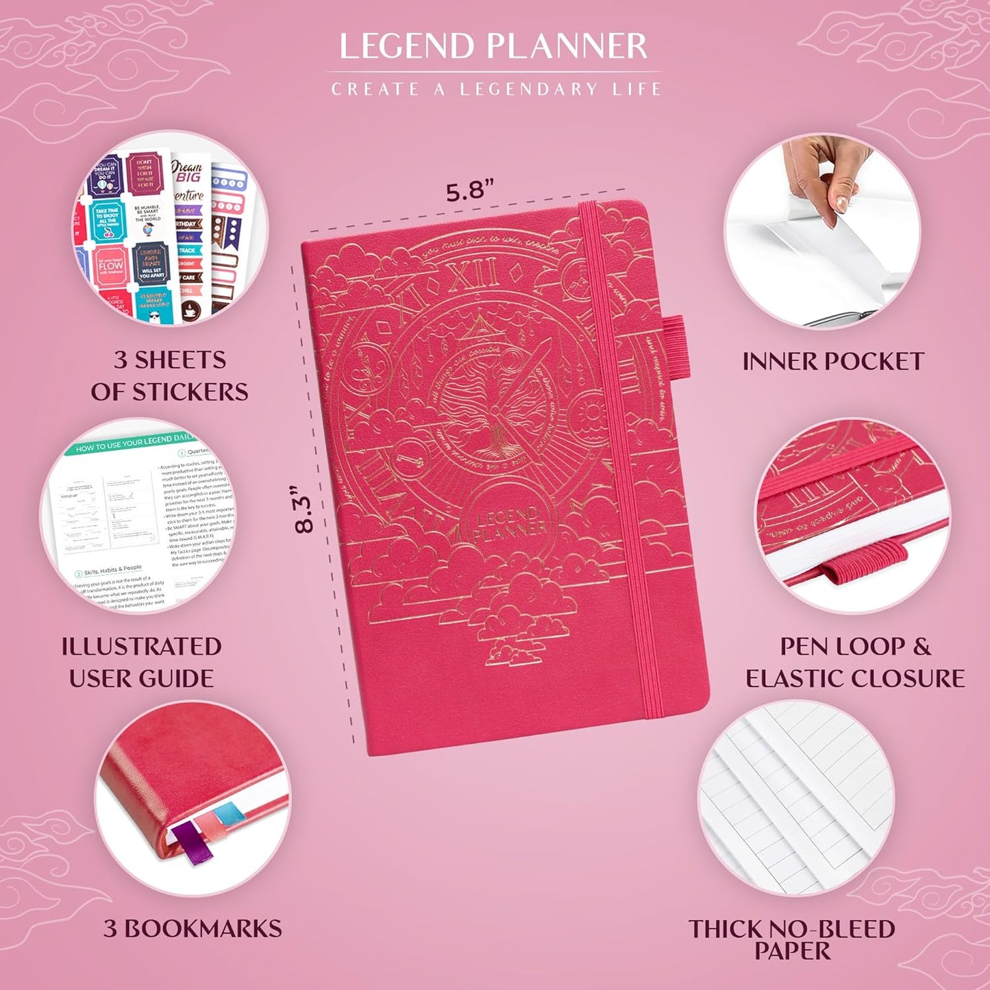 Legend Planner Daily for 3 Months – Undated Monthly Weekly & Daily Planner to Hit Goals. Organizer & Productivity Journal, A5 (Hot Pink)
