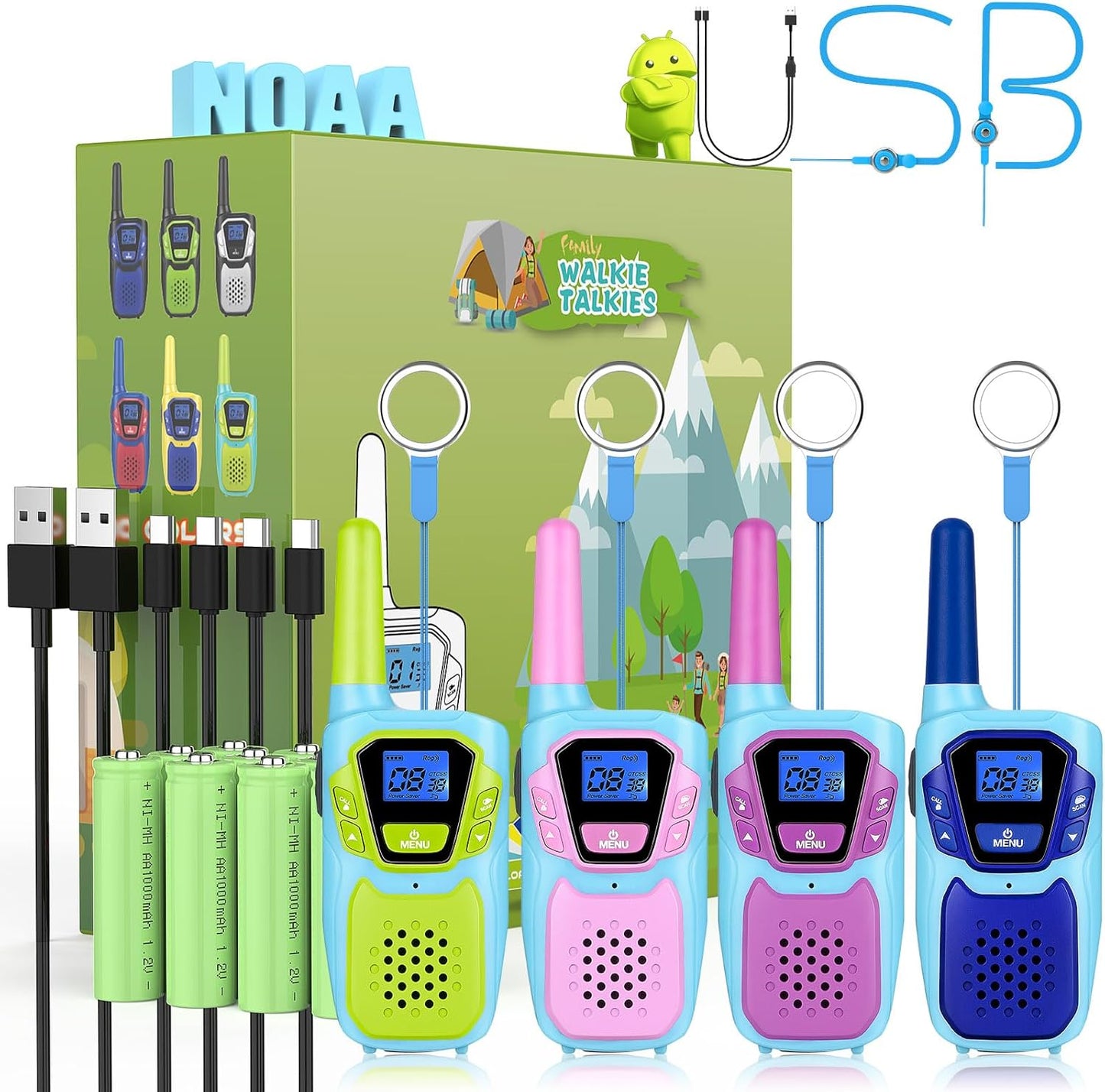 Walkie Talkies for Kids Long Range Walkie-Talkie for Adults Rechargeable 4 Pack with Lanyard 4 Miles NOAA USB, Family Pink 2 Way Radio Toys for 3-12 Year Old Boys Girls Toddlers Camping Skiing