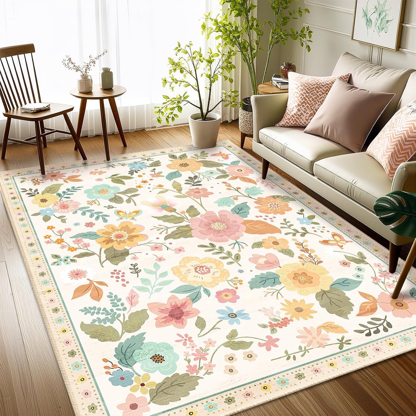 Floral 4x6 Area Rug Machine Washable Soft Print Boho Carpet Non Slip Doormat Low Pile Flower Area Rugs for Living Room Bedroom Nursery Kitchen Dining Room Indoor-Beige/White/Orange