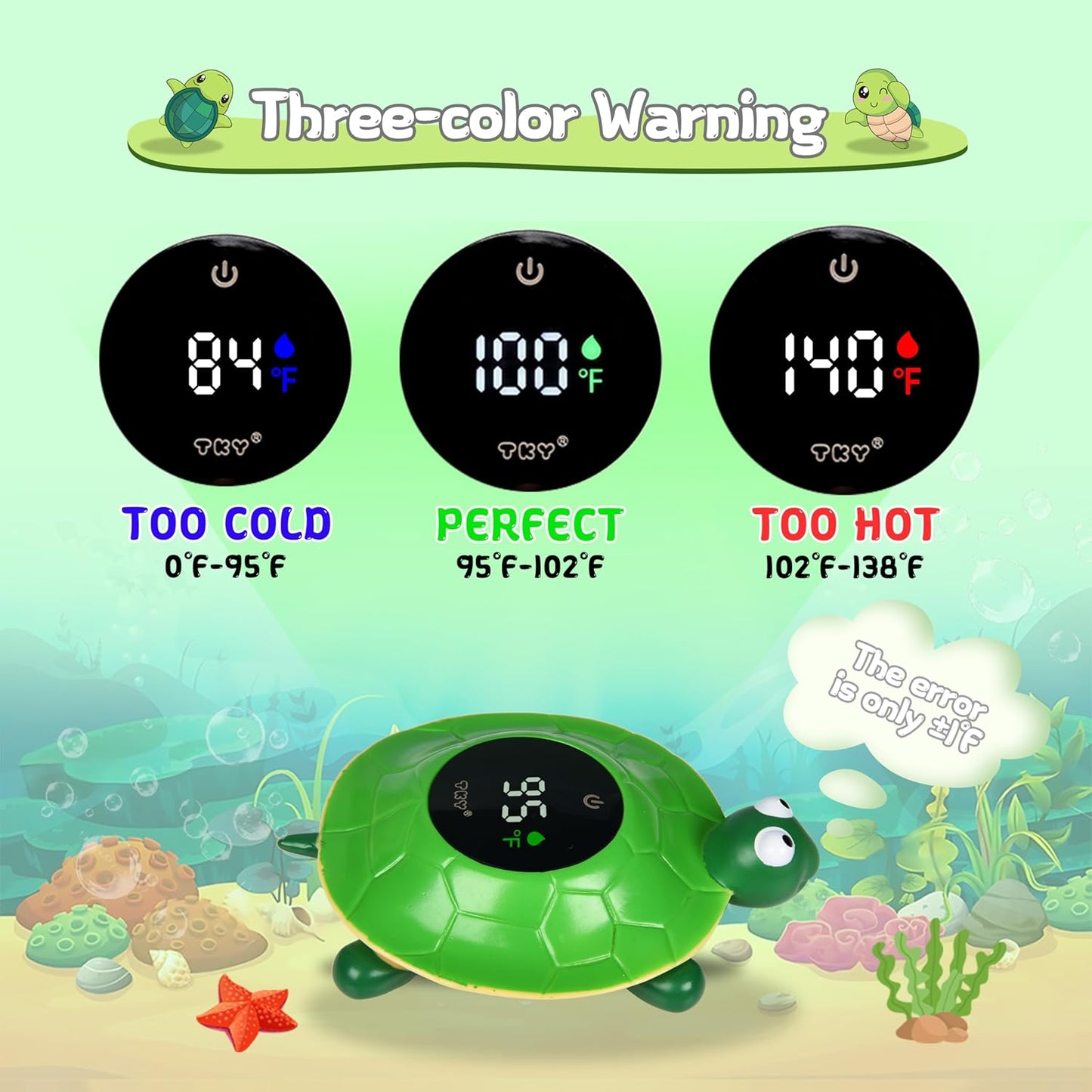 TKY Baby Bath Thermometer with LED Display-Rechargeable Water&Room Temperature Monitor, Floating Toy with Temp Alert, Waterproof for Newborns, Nurseries - Must Have Bath Essentials (Green Tortoise)