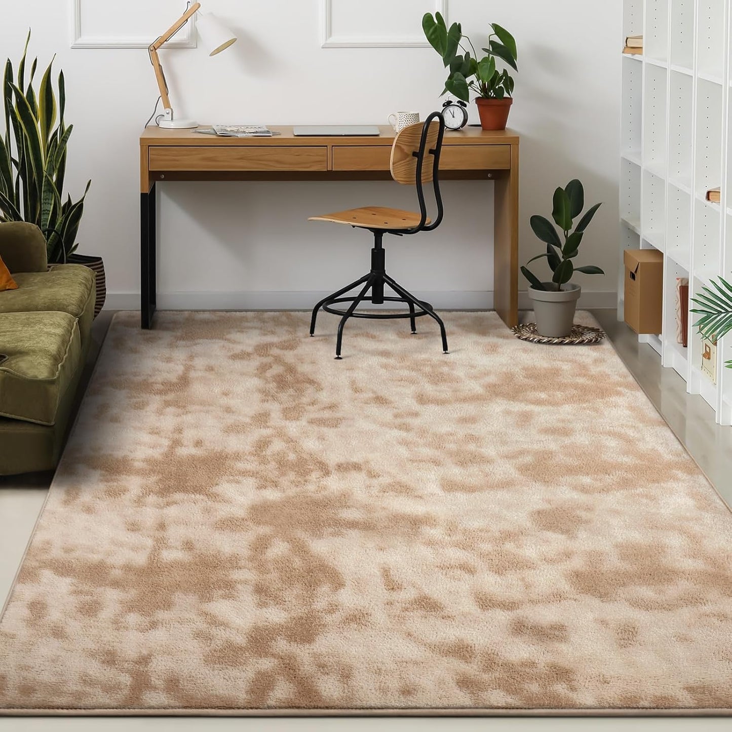 Kimicole 5x8 Washable Area Rugs for Bedroom Living Room, Low Pile Ulta-Thin Solid Color Rug, Non-Slip Soft Fluffy Carpet for Nursery Kids Room Dorm Room Home Decor (Light Tan)