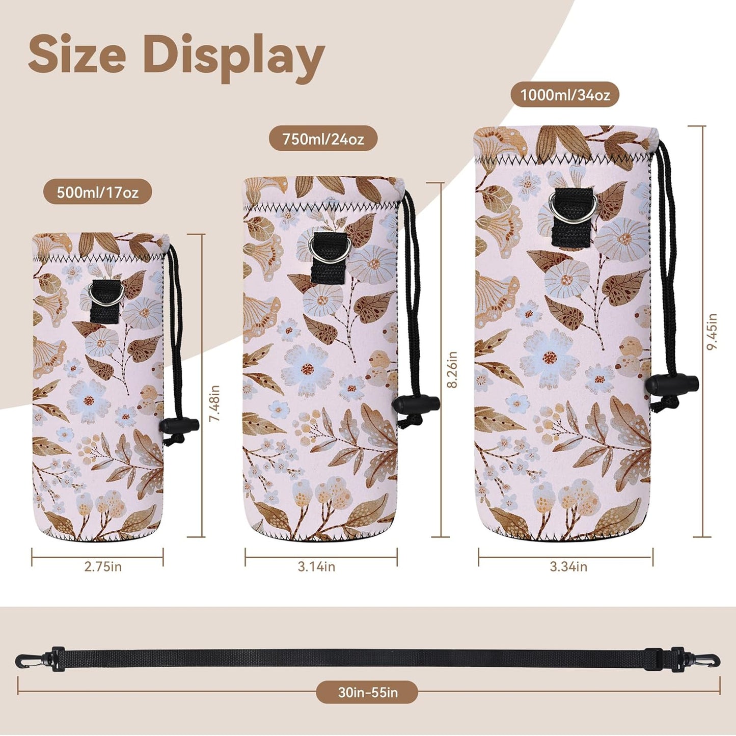 RICHEN Neoprene Water Bottle Carrier Bag with Adjustable Shoulder Strap,Insulated Water Bottle Cover for Stainless Steel/Glass/Plastic Bottles