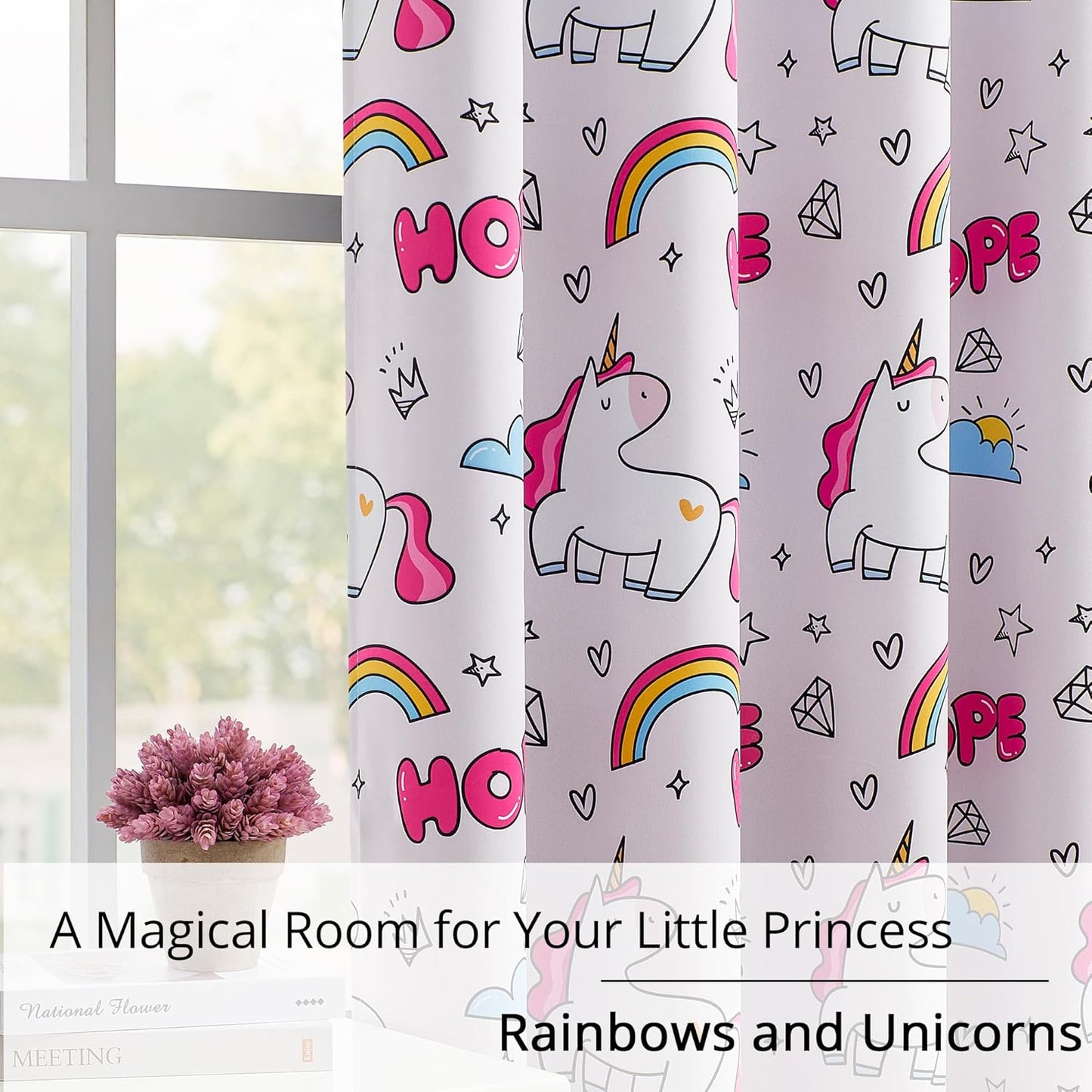 Unicorn Blackout Curtains for Girls' Bedroom - 2 Panels, Each W52×L84, 100% Blackout, Energy Efficient, Thermal Insulated, Noise Reducing, Pink Girls Curtains
