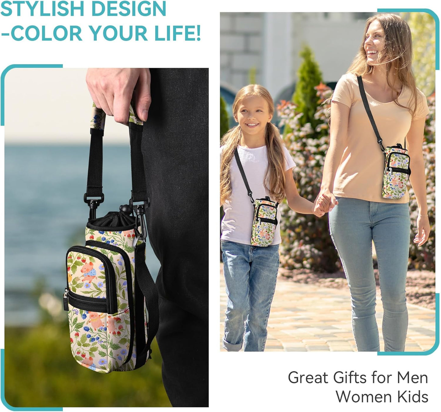 AUPET Water Bottle Sling Bag Sleeve Holder Carrier 25/32/40/64 oz,Insulated Crossbody Water Bottle Case Cover with Strap and Pockets for Men/Women Walking Hiking