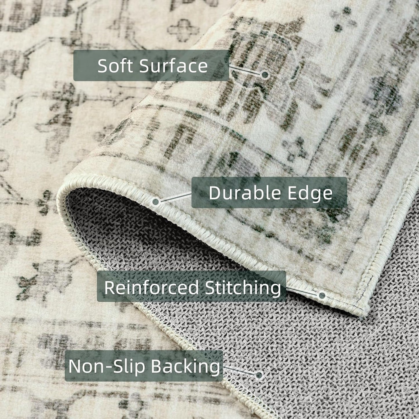 Boho Area Rug - 9x12 Distressed, Non Slip Washable, Large for Living Room, Bedroom, Dining Room, Office - Floor Decoration (Cream)