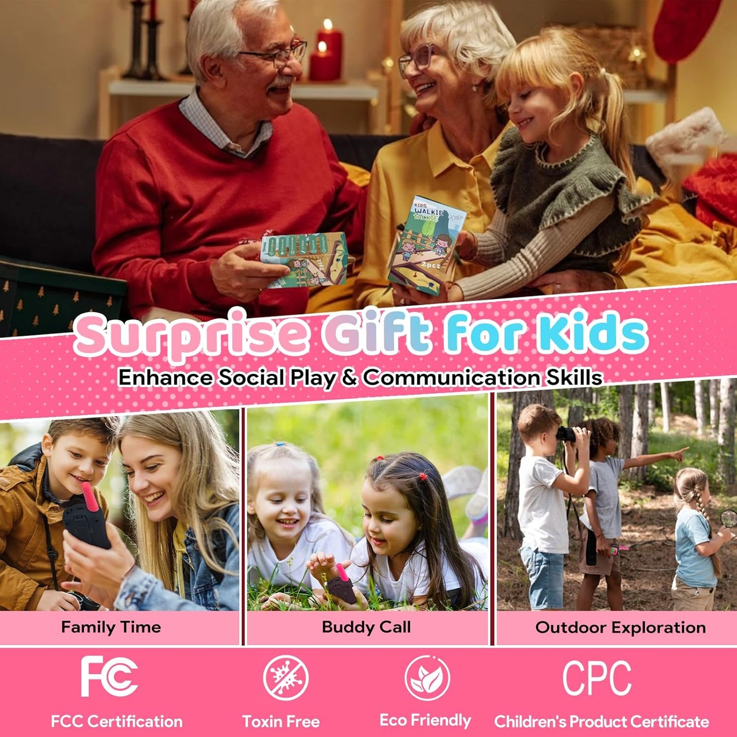 Walkie Talkies for Kids, Rechargeable Long Range Gift Toy for Ages 3 4 5-7 8-12 Year Old Girl Boy with 22 CH 2 Way Radio Flashlight 3 Mile Long Range Walkie Talkie for Outdoor Game Camping 2 Pack