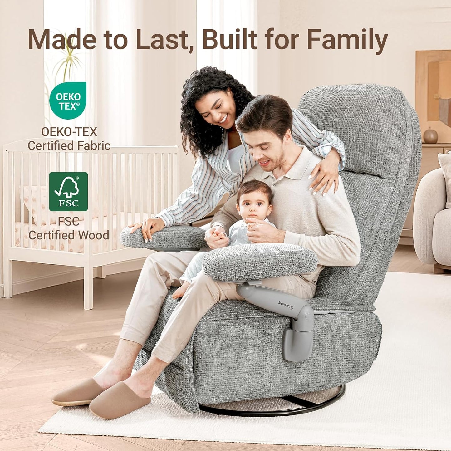 Nursery Swivel Glider Recliner Chair with Adjustable Armrests & Headrest, Rocking Chair Nursery with Removable Cover for Breastfeeding, FSC & Oeko-TEX Certified, Grey