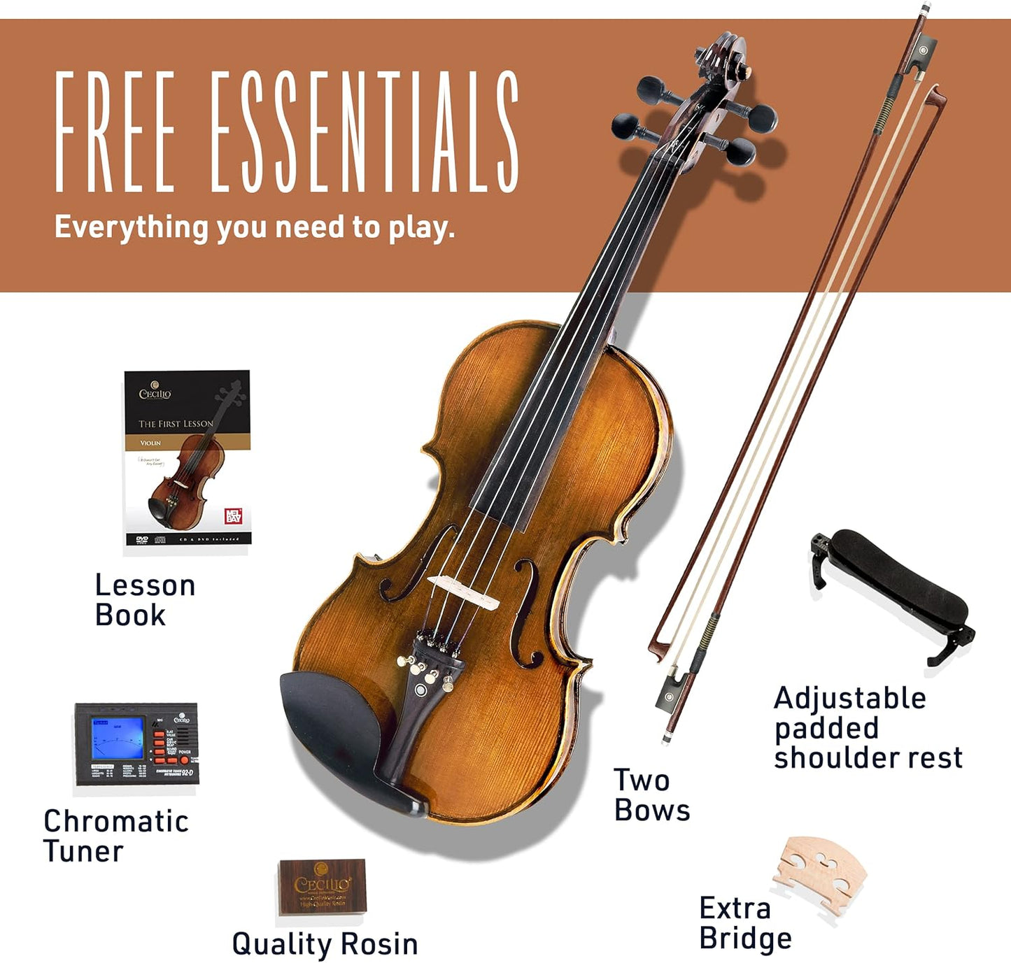 Cecilio Violin 4/4 Full Size Kit Hand Oil Rub Highly Flamed 1-Piece Back Solidwood Violin with D'Addario Prelude Strings, Size 4/4 (Full Size)