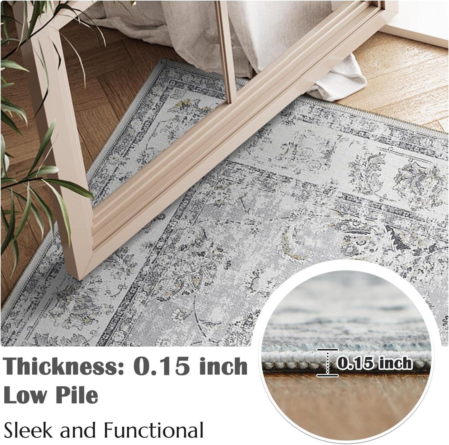 jinchan Runner Rug 3x10-2pcs Kitchen Washable Vintage Hallway Rug Floral Print Floor Cover Indoor Thin Retro Mat Accent for Bathroom Laundry Room Bedroom Office Farmhouse (Double,Grey)