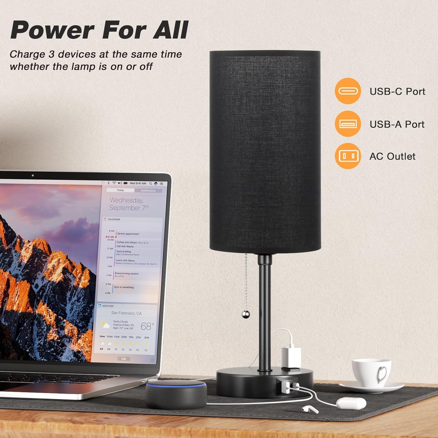 Dicoool 17Inch Tall Bedroom Lamps with USB C and A Ports 3 Color Temperatures - Pull Chain Black Nightstand Bedside Table Lamp with AC Outlet, Side Lamp for Living Room End Table