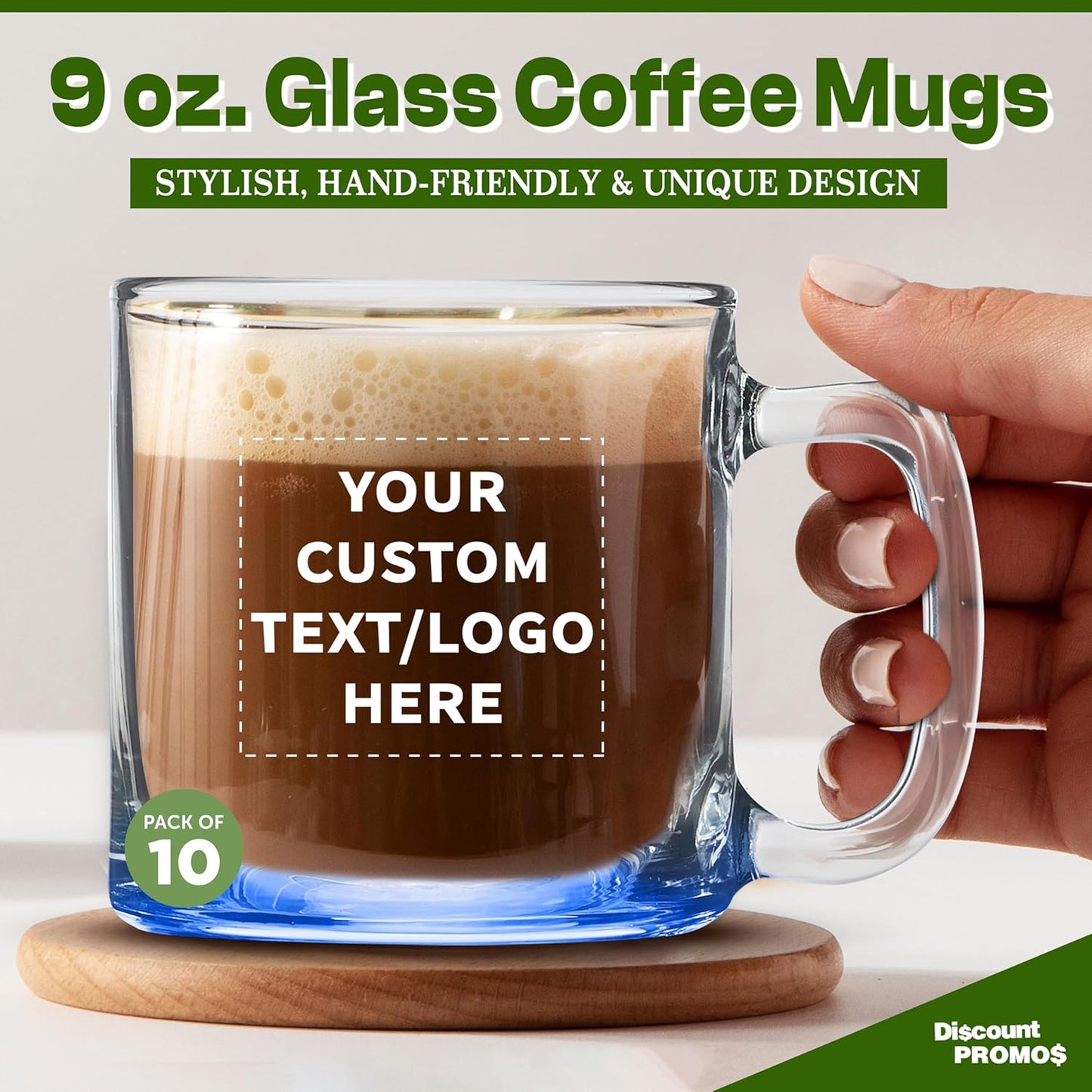 DISCOUNT PTOMOS Custom Small Glass Coffee Mugs 9 oz. Set of 10, Personalized Bulk Pack - Perfect for Coffee, Tea, Espresso, Hot Cocoa, Other Beverages - Blue