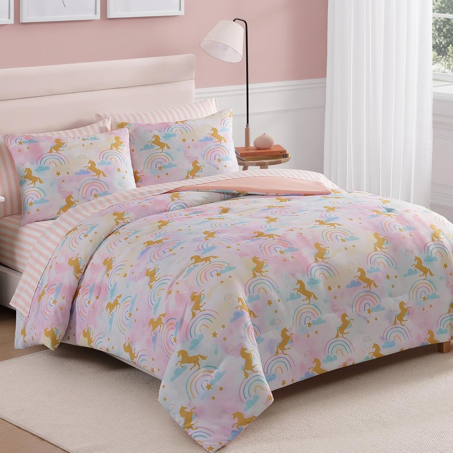 Full Size Comforter Sets with Sheets for Girls-7 Pieces Full Size Bedding Sets with Pink Comforter, Sheets, Pillowcases & Shams for Kids (Gold Unicorn, 76" X 86")