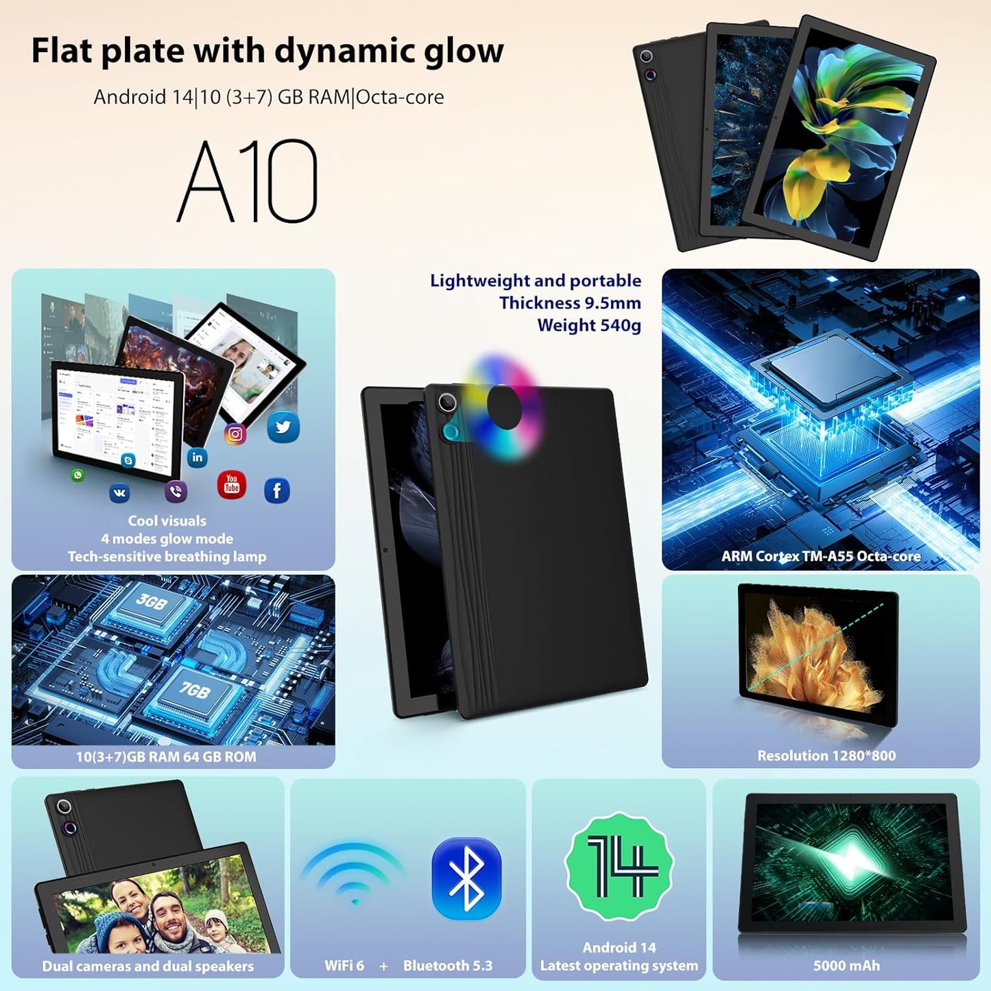 Tablet 10 inch Android 14, Octa-Core, 10GB RAM 64GB ROM 1TB Expandable, Widevine L1, 1280x800 IPS Touchscreen, BT 5.4, Dual Camera with Flash (Black)