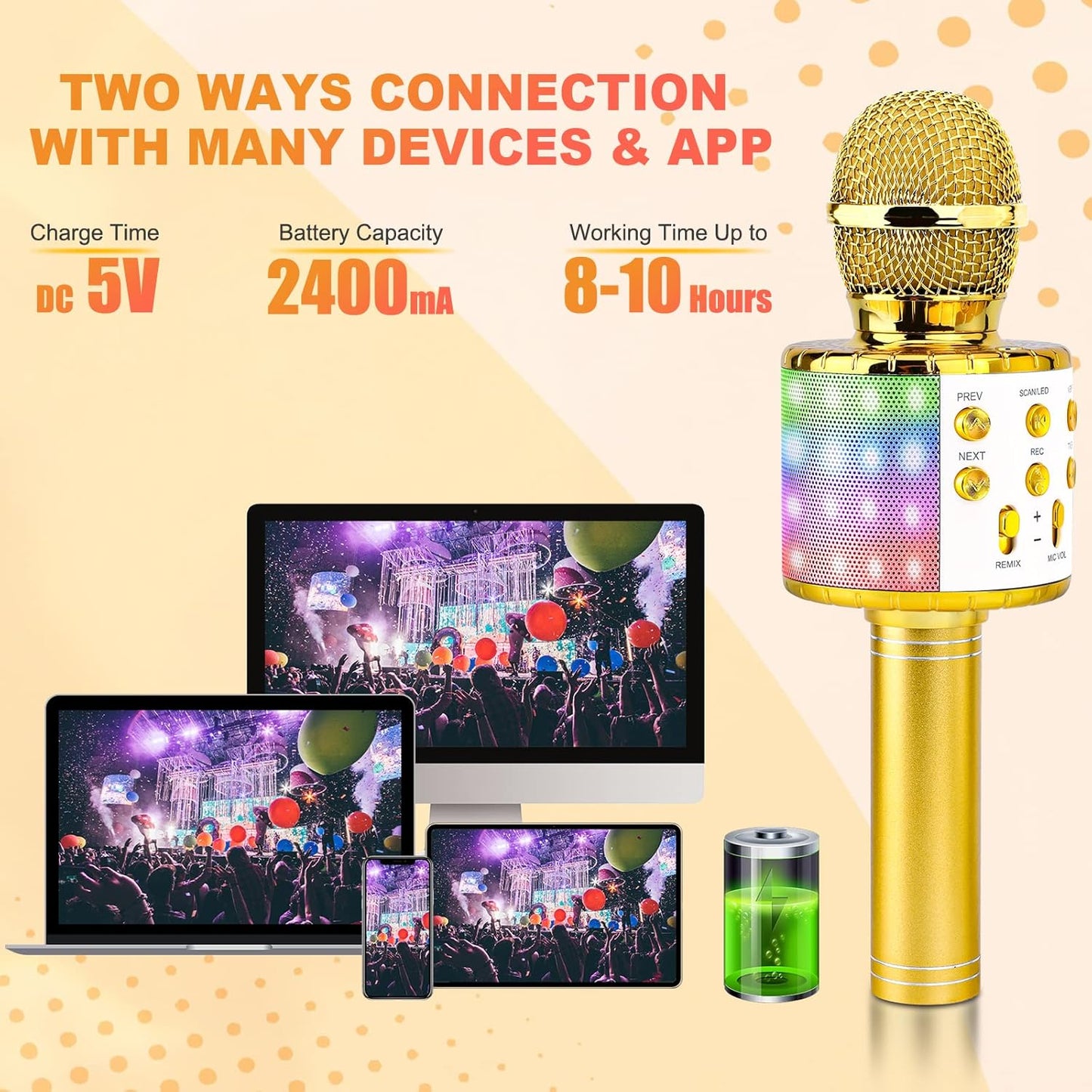 BlueFire 4 in 1 Karaoke Wireless Microphone with LED Lights, Portable Microphone for Kids, Great Gifts Toys for Kids, Girls, Boys and Adults (Gold)