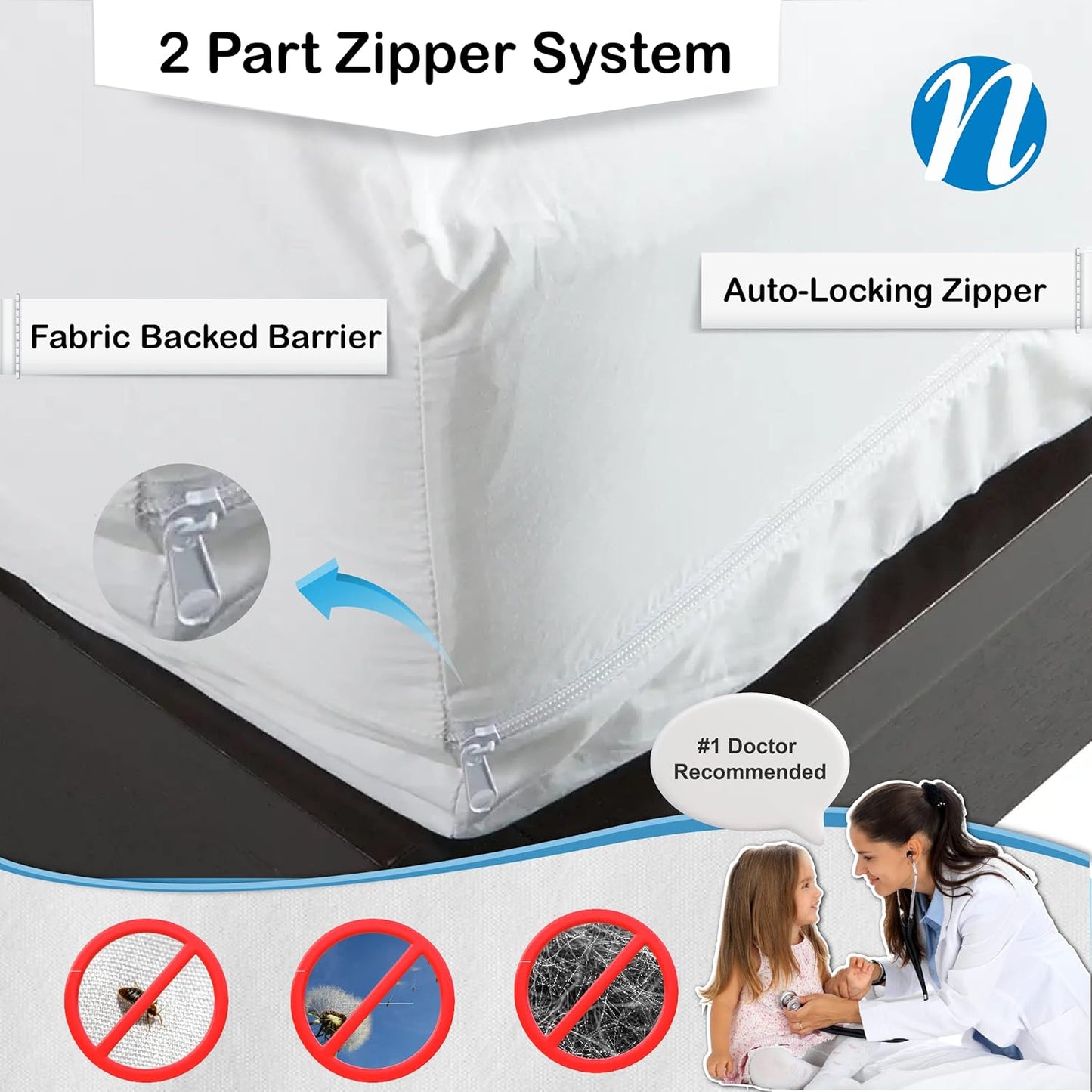National Allergy Superior 100% Cotton Twin Mattress Protector Zippered - 39" x 75" x 12" - Hypoallergenic Bed Encasement - Breathable Dust Proof Cover - AAFA & Oeko-TEX Standard 100 Certified