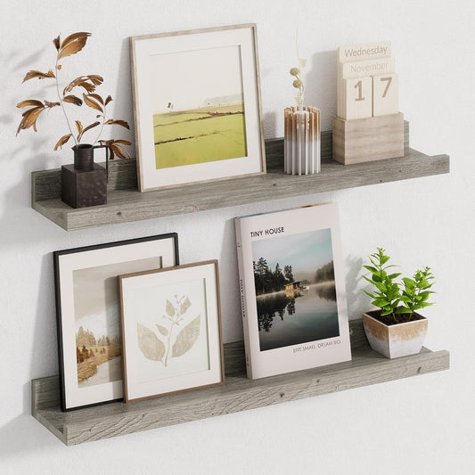 Picture Ledge Shelf - 24 Inches Floating Shelves Set of 2 - Rustic Elm Wood Ledge Shelves for Toys Storage, Kids Bookshelf Wall Mounted for Bedroom, Living Room, Kitchen - 24 Inches - Grey