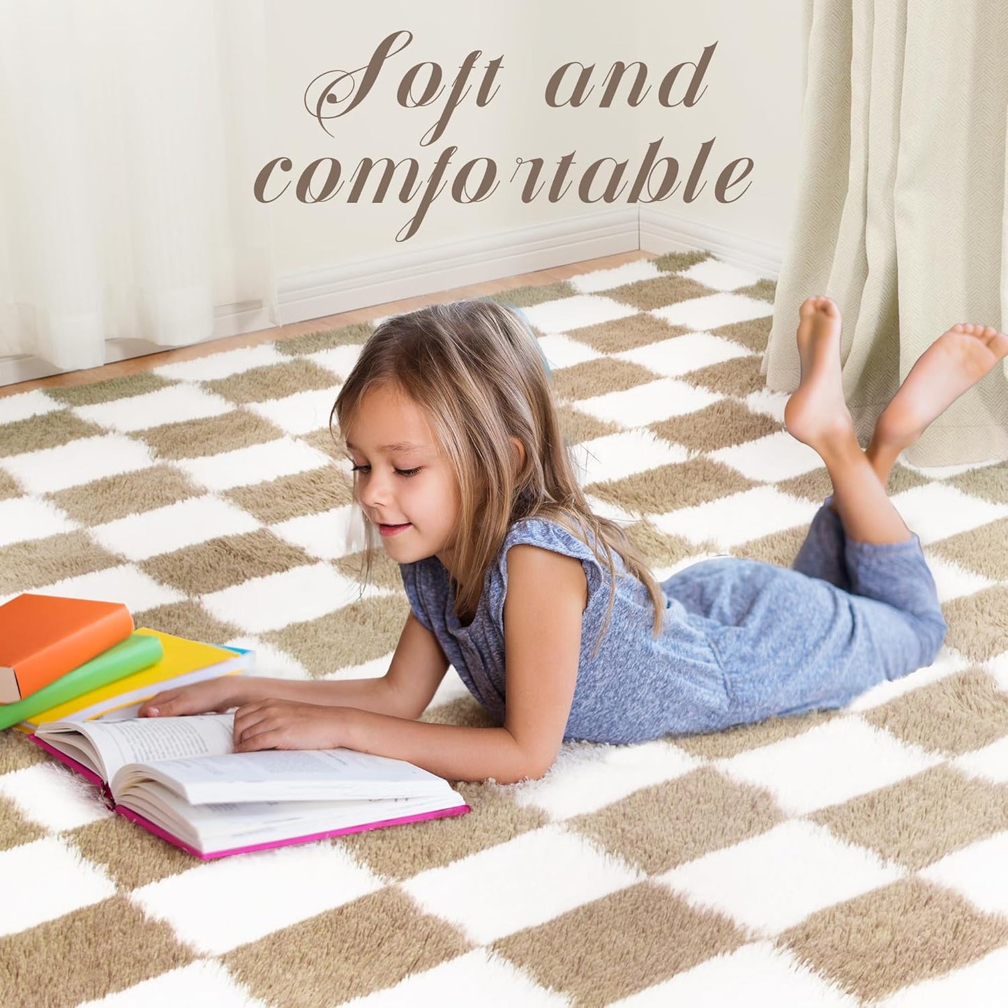 Super Soft Rug for Bedroom, 8x10 Ft Beige and White Area Rug Classic Checkered Shaggy Anti-Skid High Pile Soft Fluffy Rug Fuzzy Carpet for Living Room Bedroom Kids Room Nursery, Dorm Home Decor